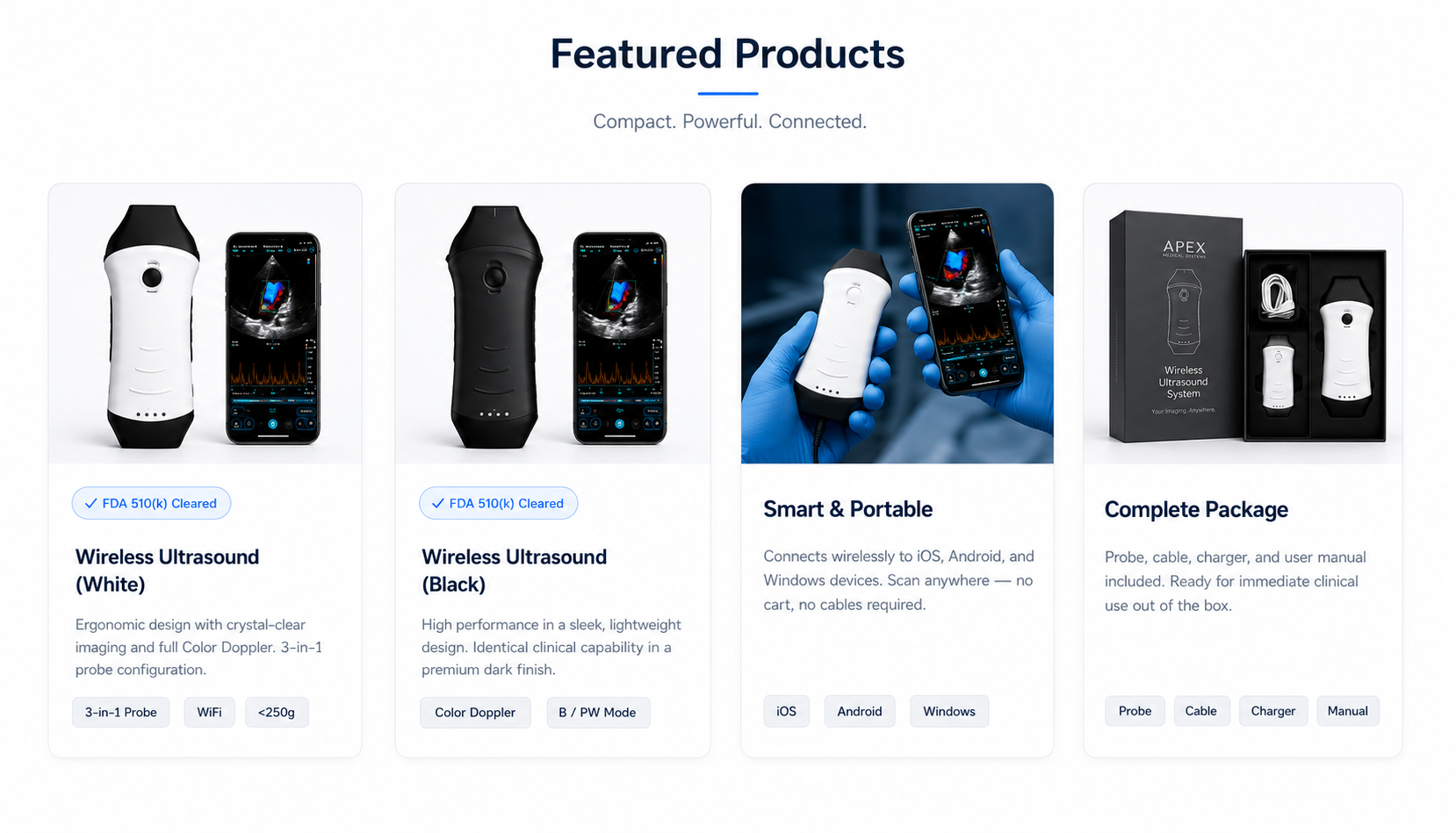 Product showcase of wireless ultrasound devices in white and black, with accompanying smartphones displaying ultrasound images, highlighting features like portability, connectivity, and complete packages with probes, cables, and chargers.
