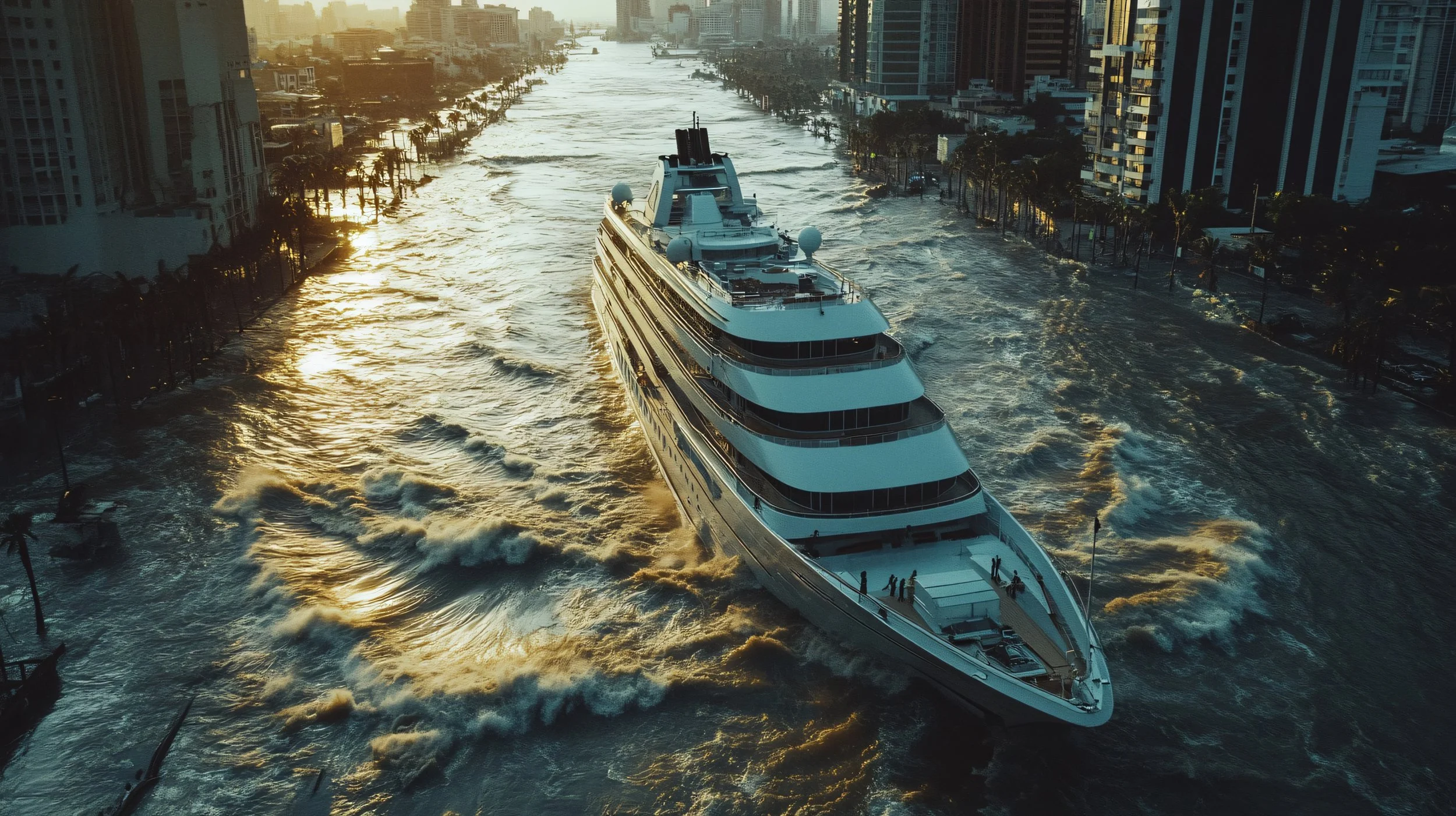 A large yacht sailing through a city canal during sunset with tall buildings on either side.