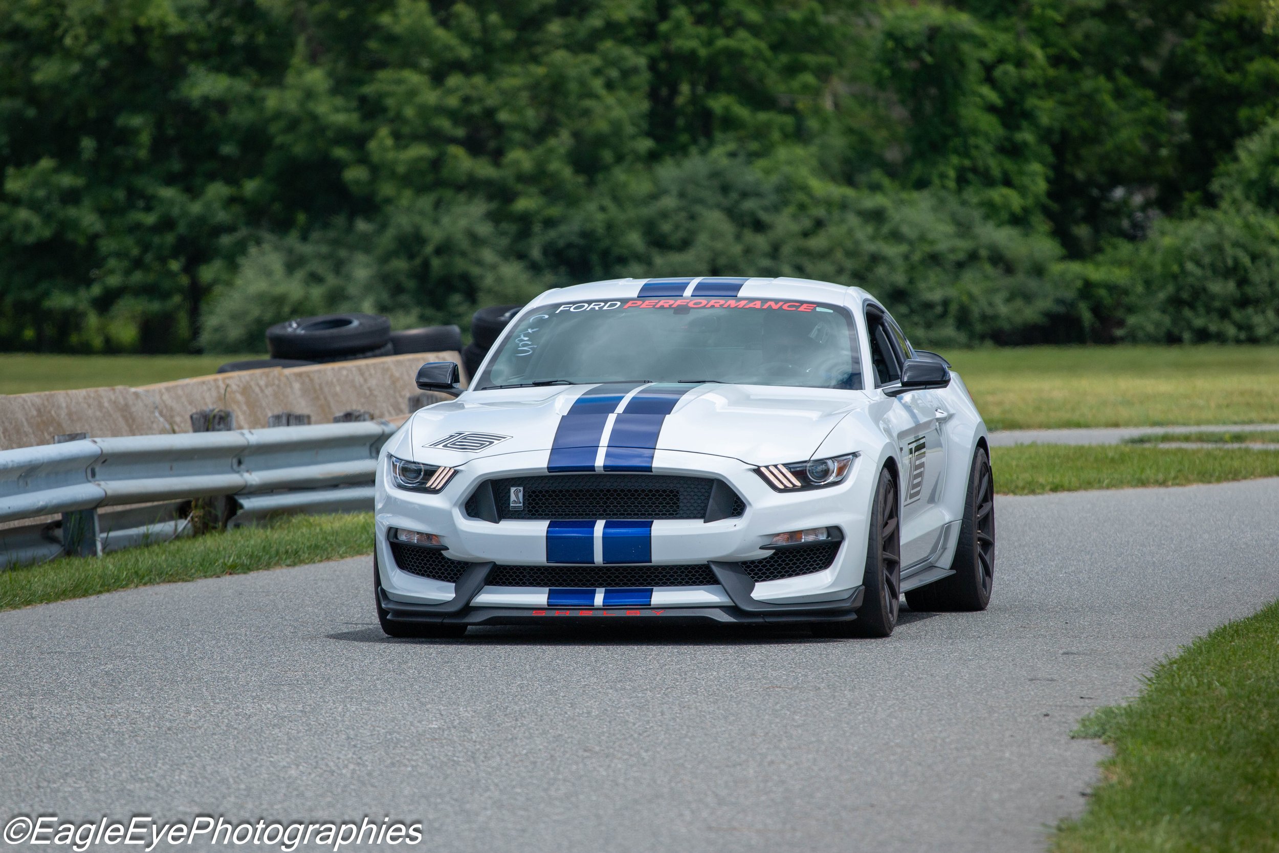 A white Ford Mustang Shelby sports car with blue racing stripes driving on a track, with tires stacked on the side and a lush green forest in the background.