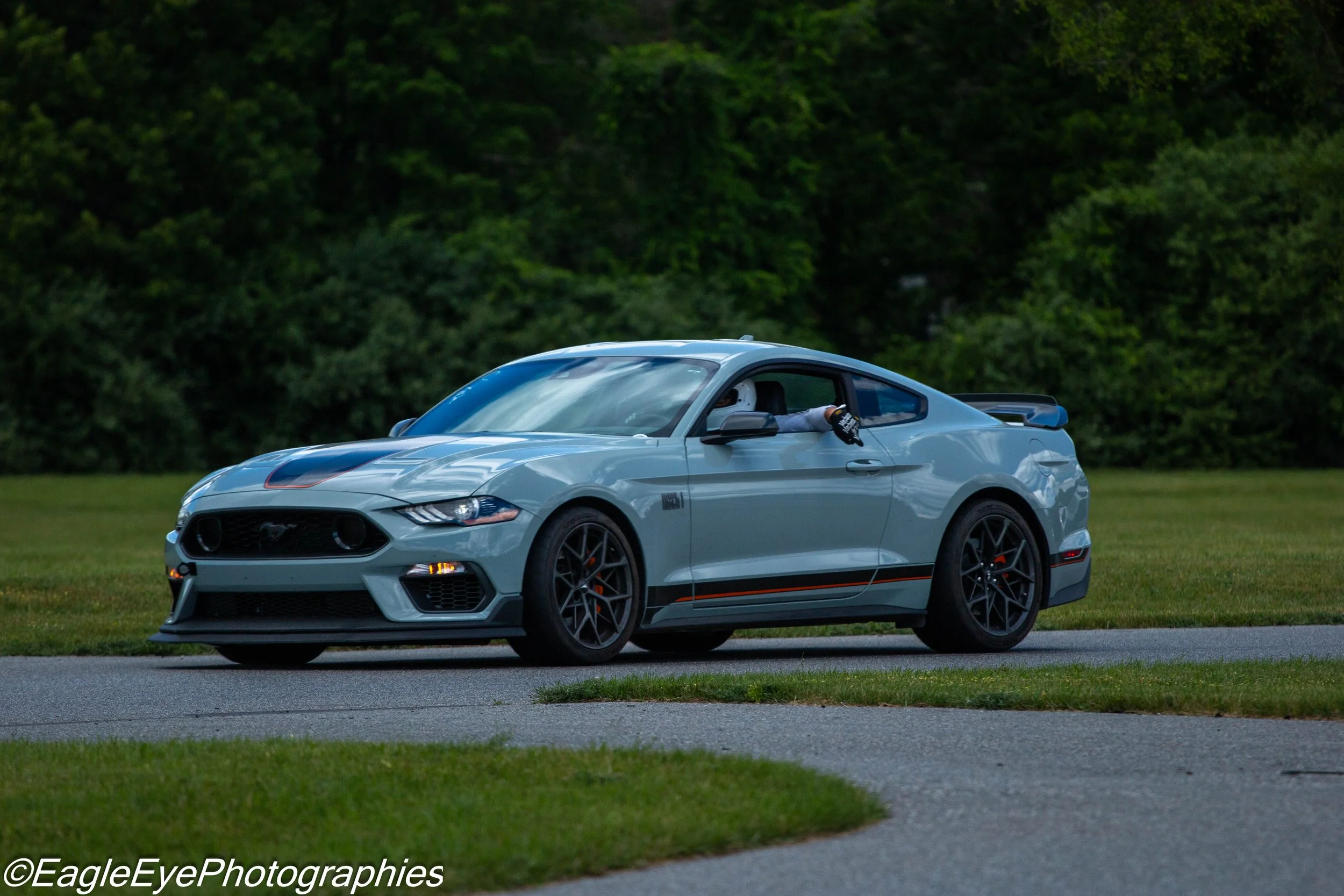 A light blue sports car with black wheels and orange accents parked on a grassy area with a backdrop of dense green trees.