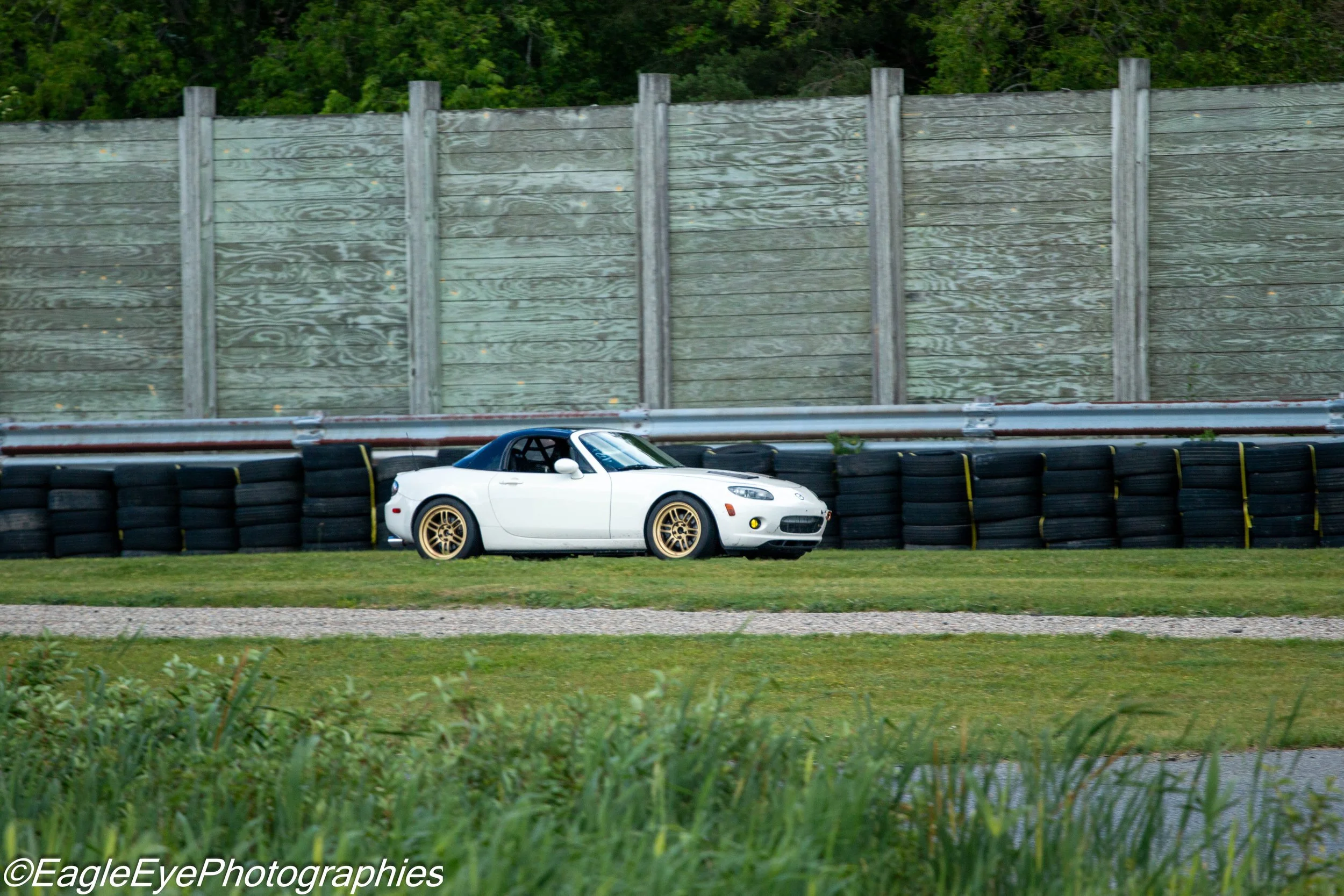 A white sports car with a black convertible top parked on the grassy area next to a race track, with a wooden fence and green trees in the background.