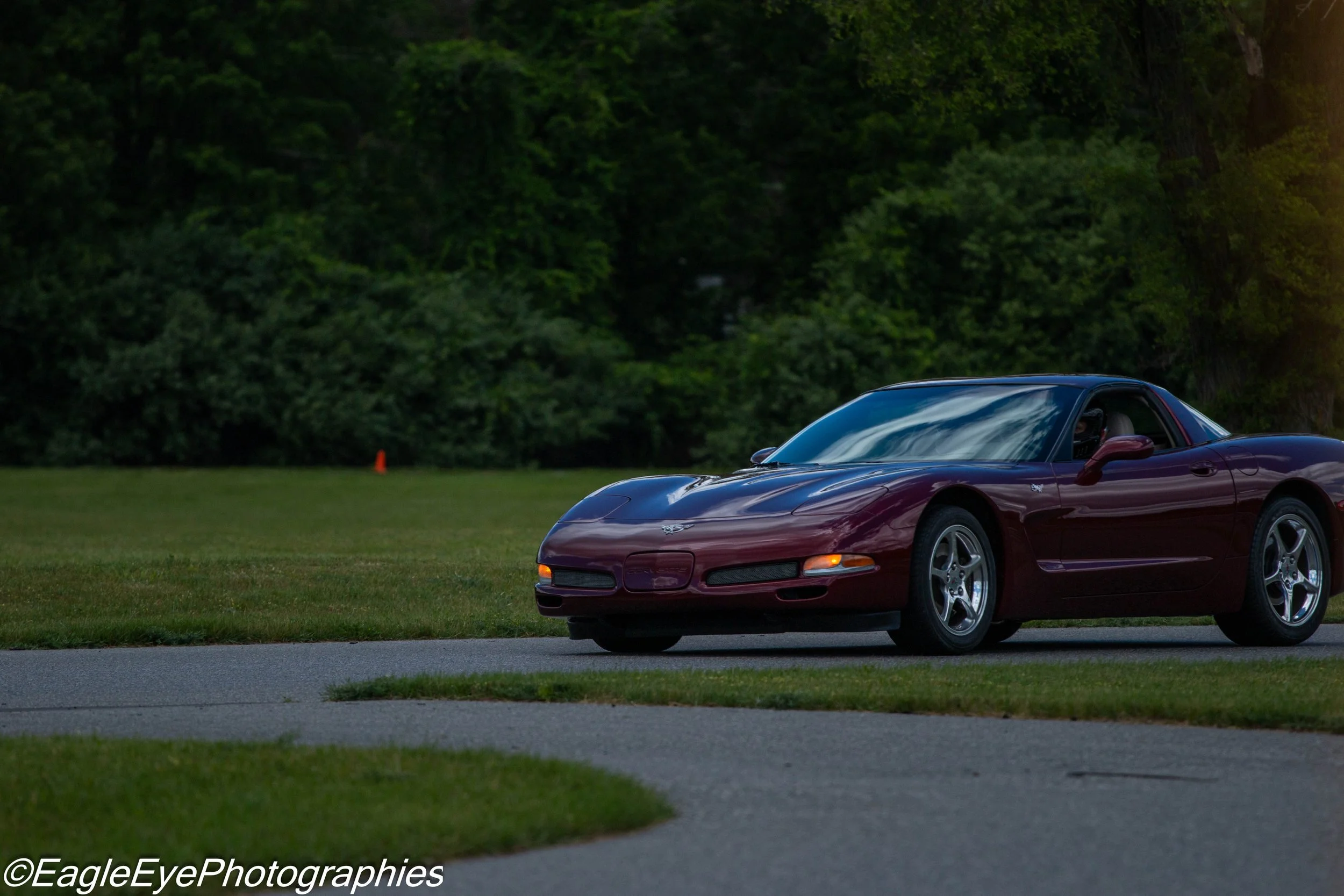 A red sports car parked on a grassy field with trees in the background during sunset or dusk.