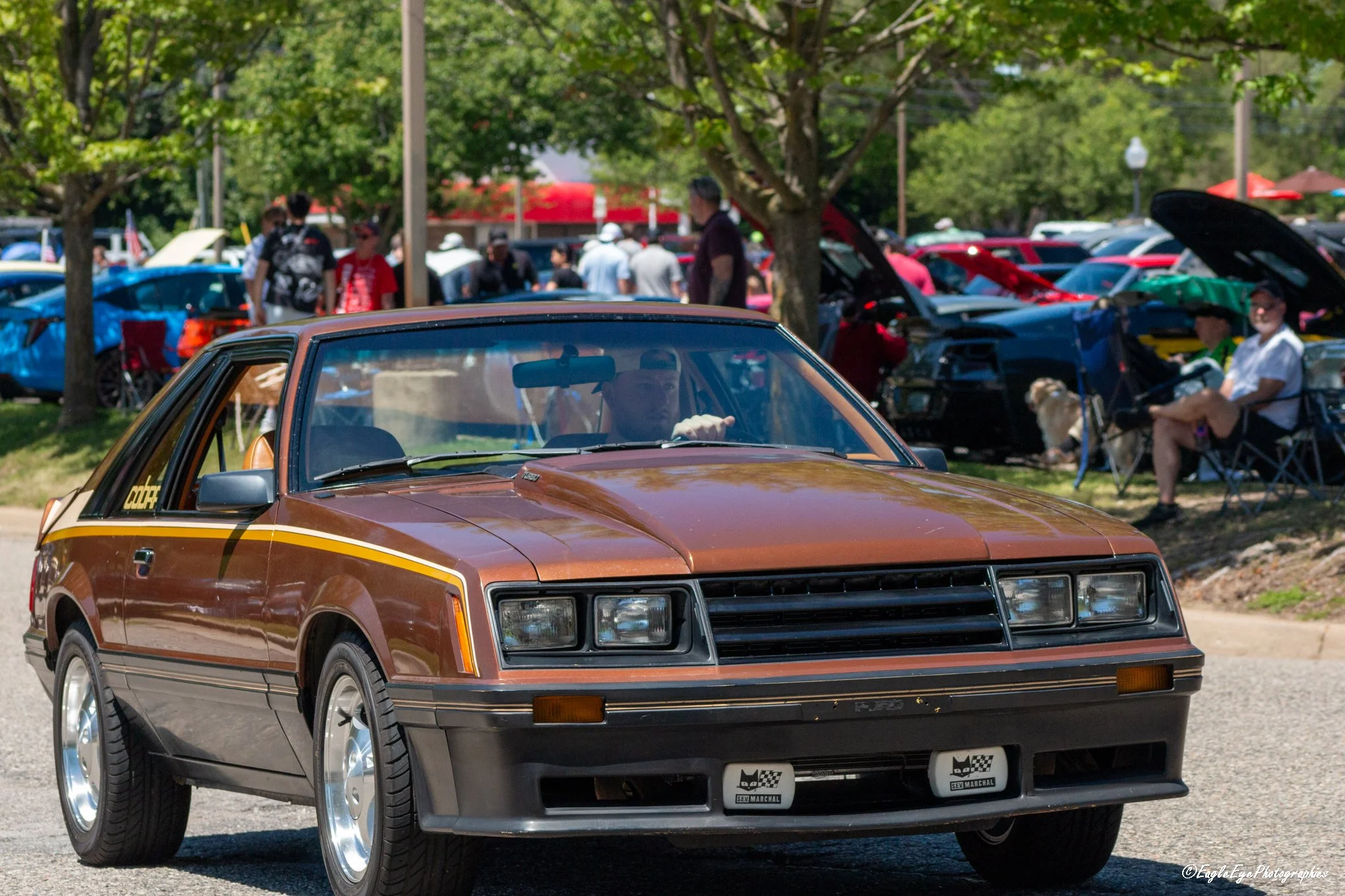 A vintage brown and black car with a man driving, parked at a car show with people and other cars in the background under trees.