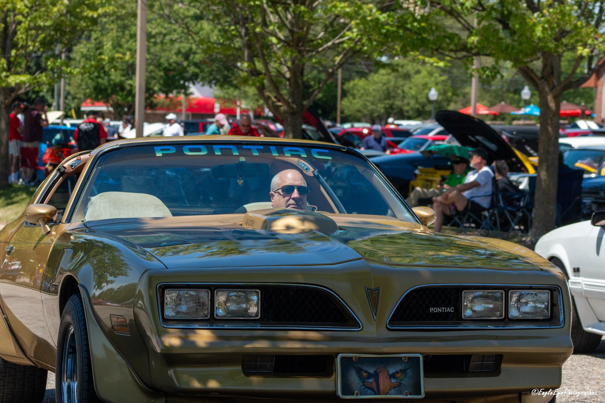 A gold Pontiac sports car with a man wearing sunglasses driving. The car has a sticker on the windshield that reads 'Pontiac' and a license plate featuring a bald eagle. In the background, there are people sitting and standing, trees, and multiple ca