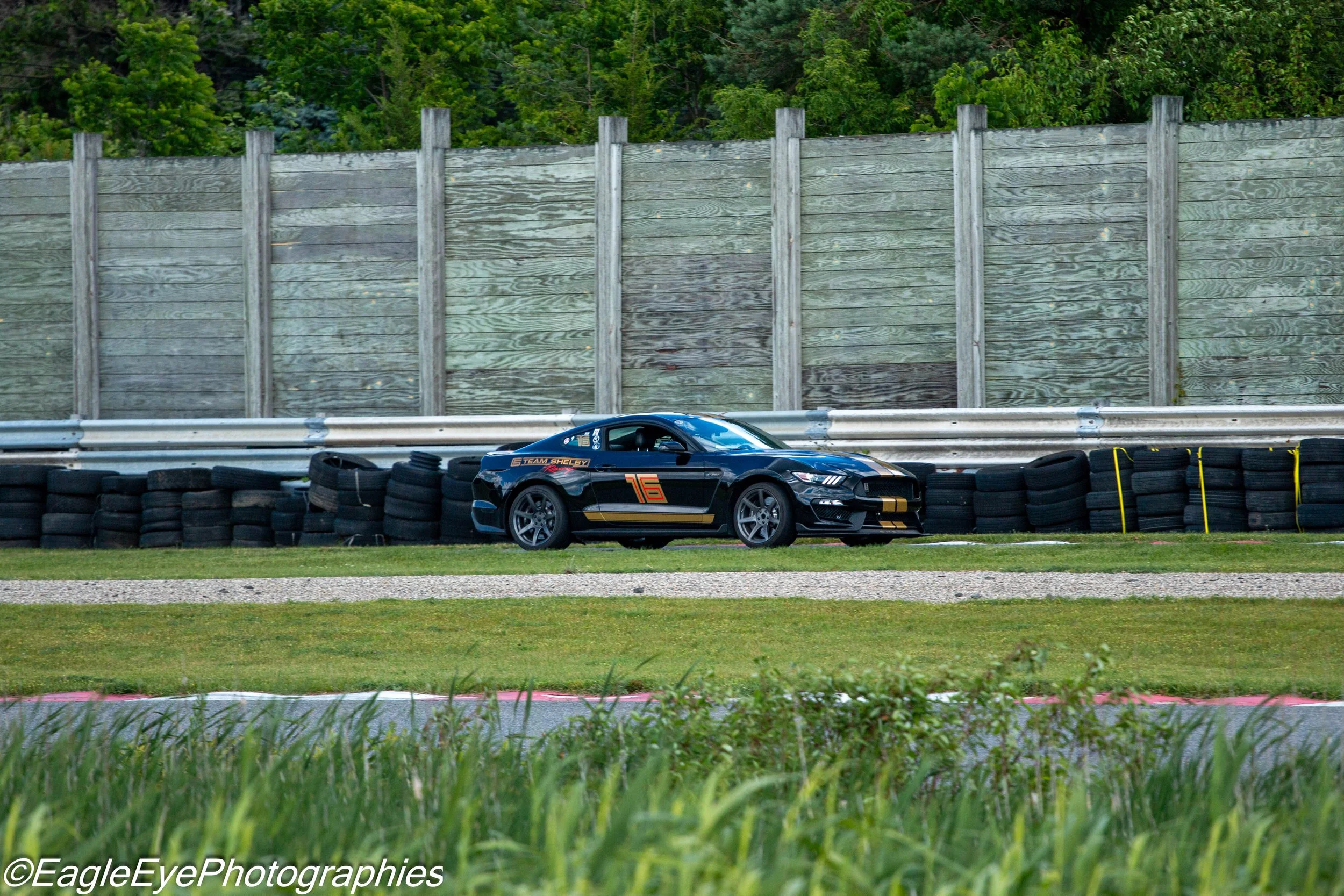 A race car on a racetrack with tires lined up behind a barrier, a wooden fence in the background, and trees beyond the fence.