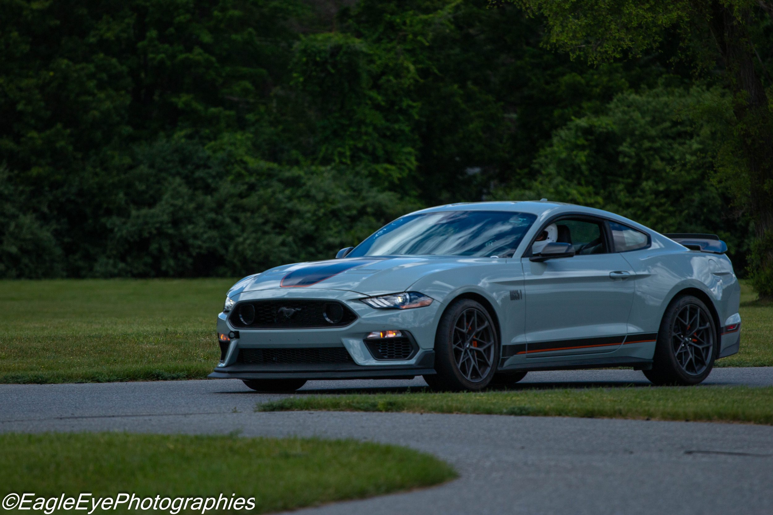 A light blue sports car with black and orange accents parked on a grassy area near a wooded background.