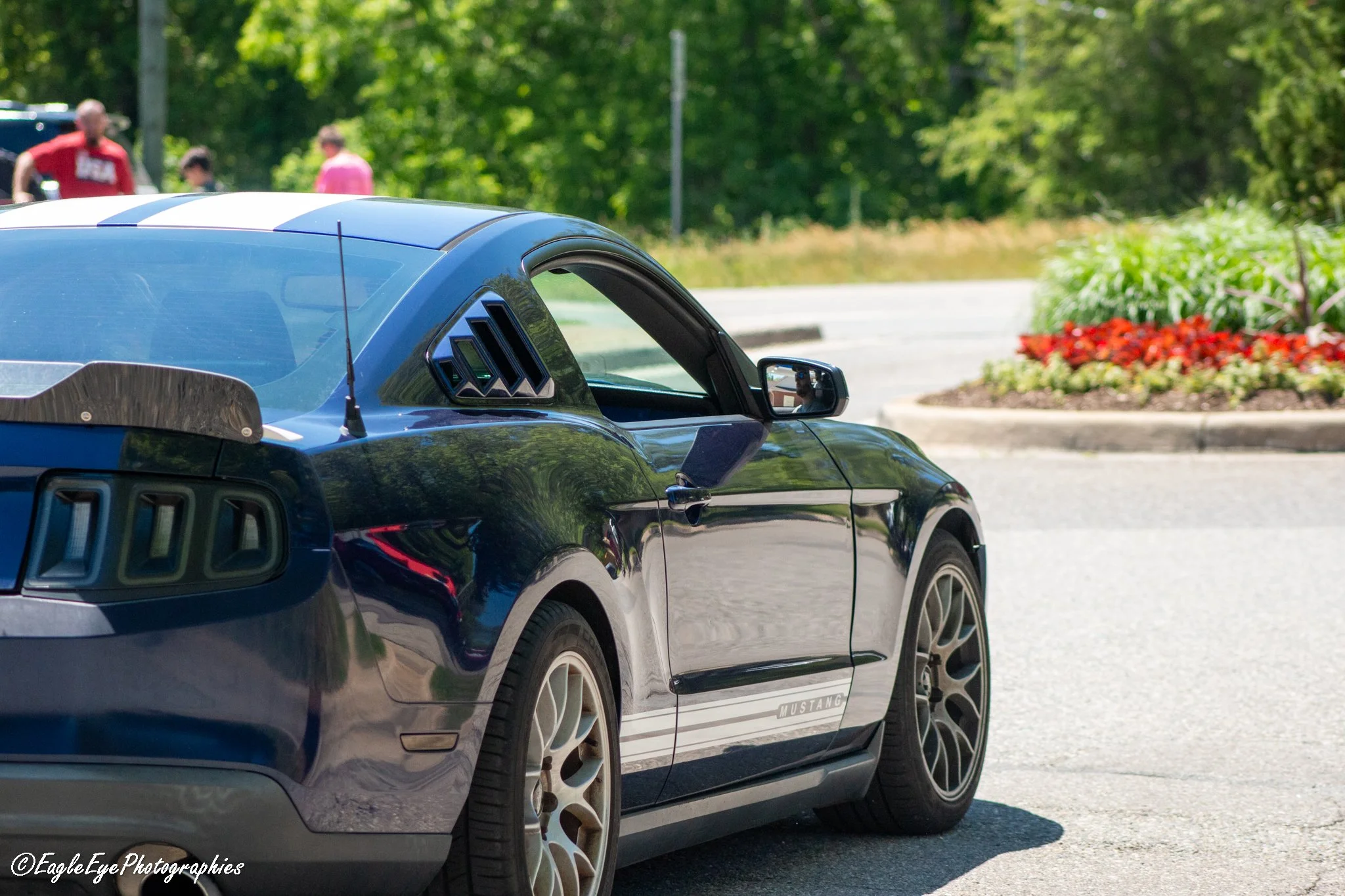 Close-up of a black Ford Mustang sports car parked outdoors with a scenic background of green trees and colorful flowers, and people walking in the distance.