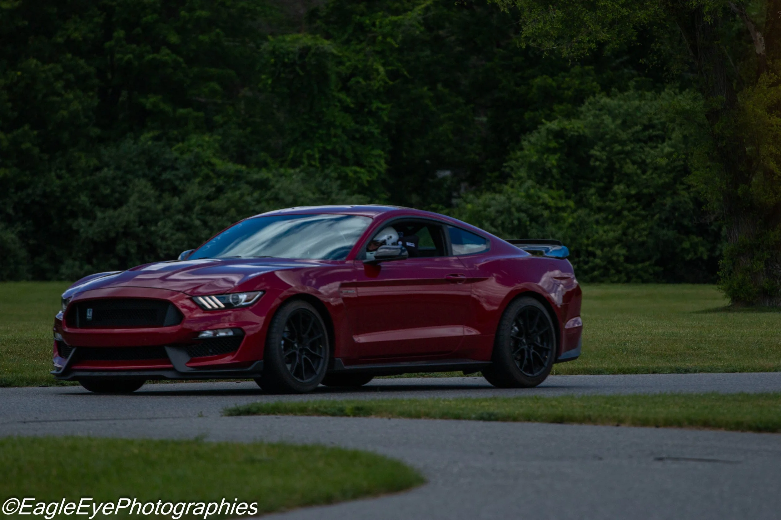 Red sports car on a grassy area with trees in the background.