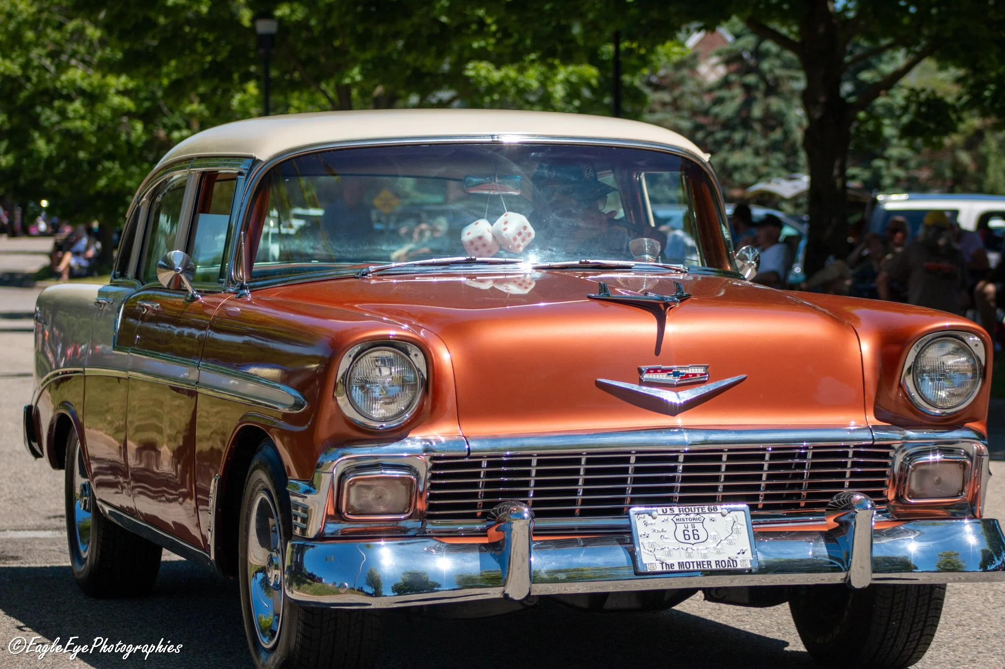 Front view of a vintage Chevrolet car parked outdoors with a Route 66 license plate, hanging dice on the dashboard, and trees in the background.