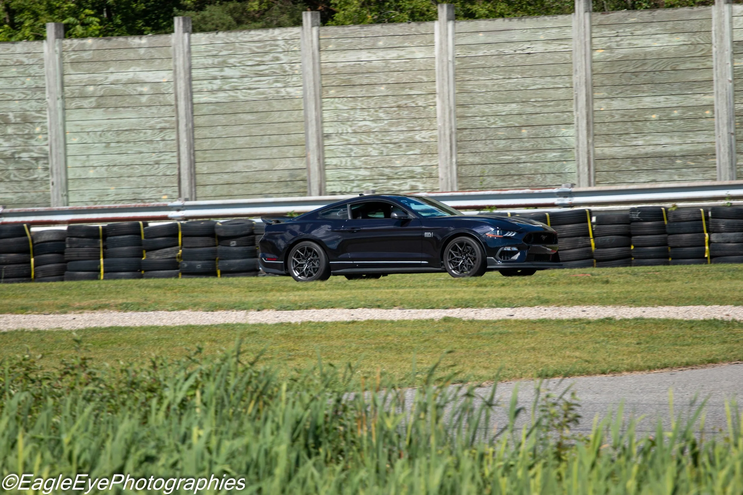 A black Ford Mustang driving on a race track, passing a stack of black tires and a wooden fence with green foliage in the background.