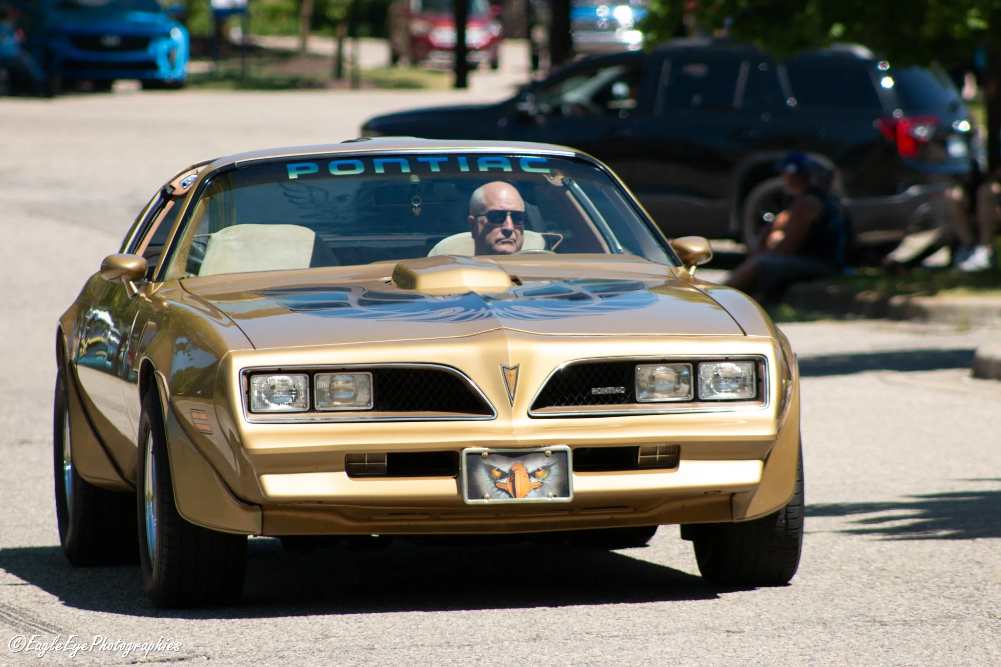 A gold classic Pontiac Trans Am car driving on a road with a man in sunglasses inside. The car has a custom grille with an eagle emblem on the front license plate. The windshield has a blue 'PONTIAC' decal, and the car's hood features a prominent air