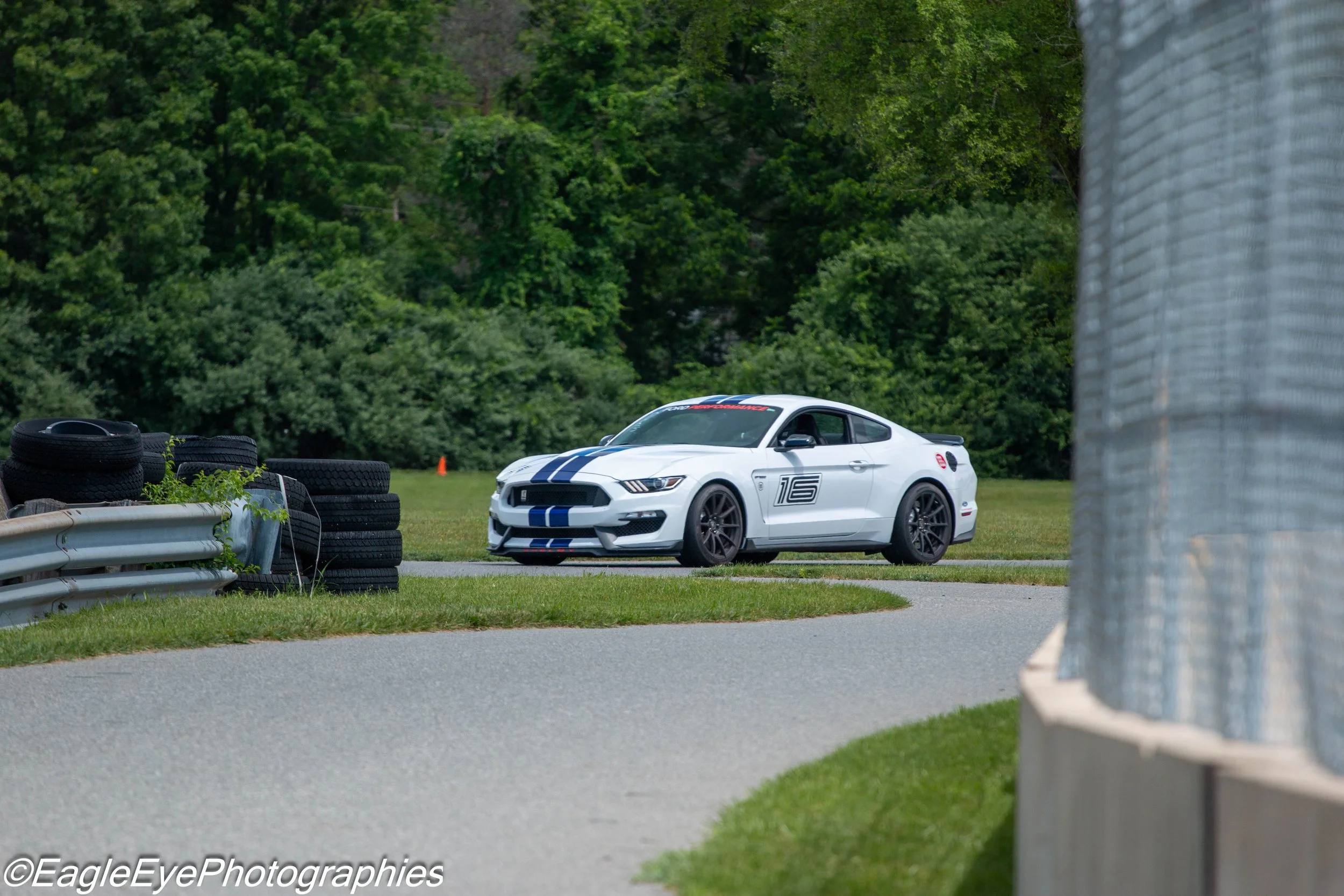 White sports car with blue racing stripes parked on a grassy area next to tire barriers at a race track, surrounded by trees.