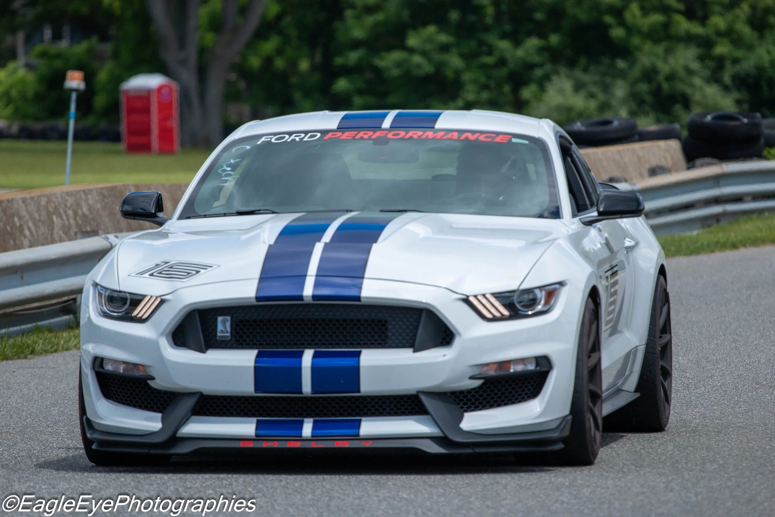 A white Ford Mustang Shelby GT350 racing car with blue racing stripes on the hood and roof, featuring the words 'Ford Performance' on the windshield banner, on a race track with tires and barriers in the background.