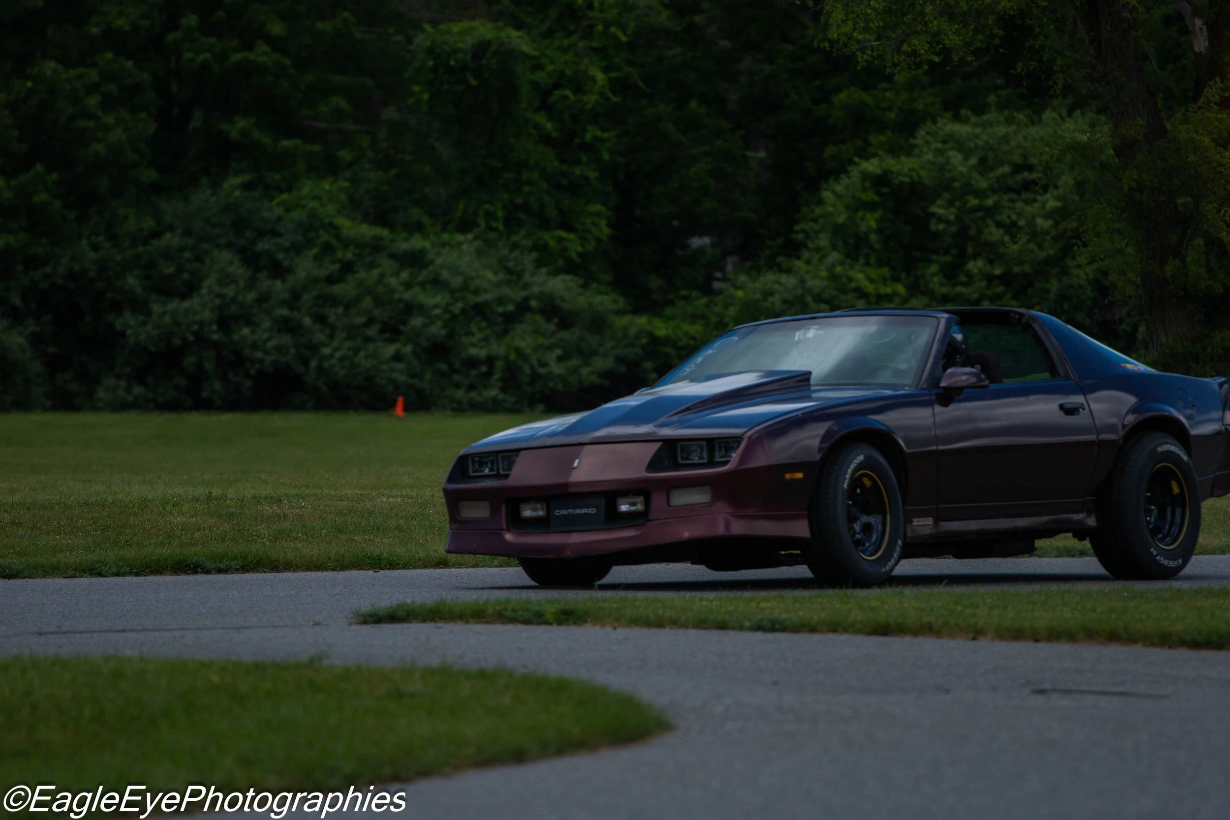 A blue Chevrolet Camaro convertible parked on grass near a wooded area during daytime.