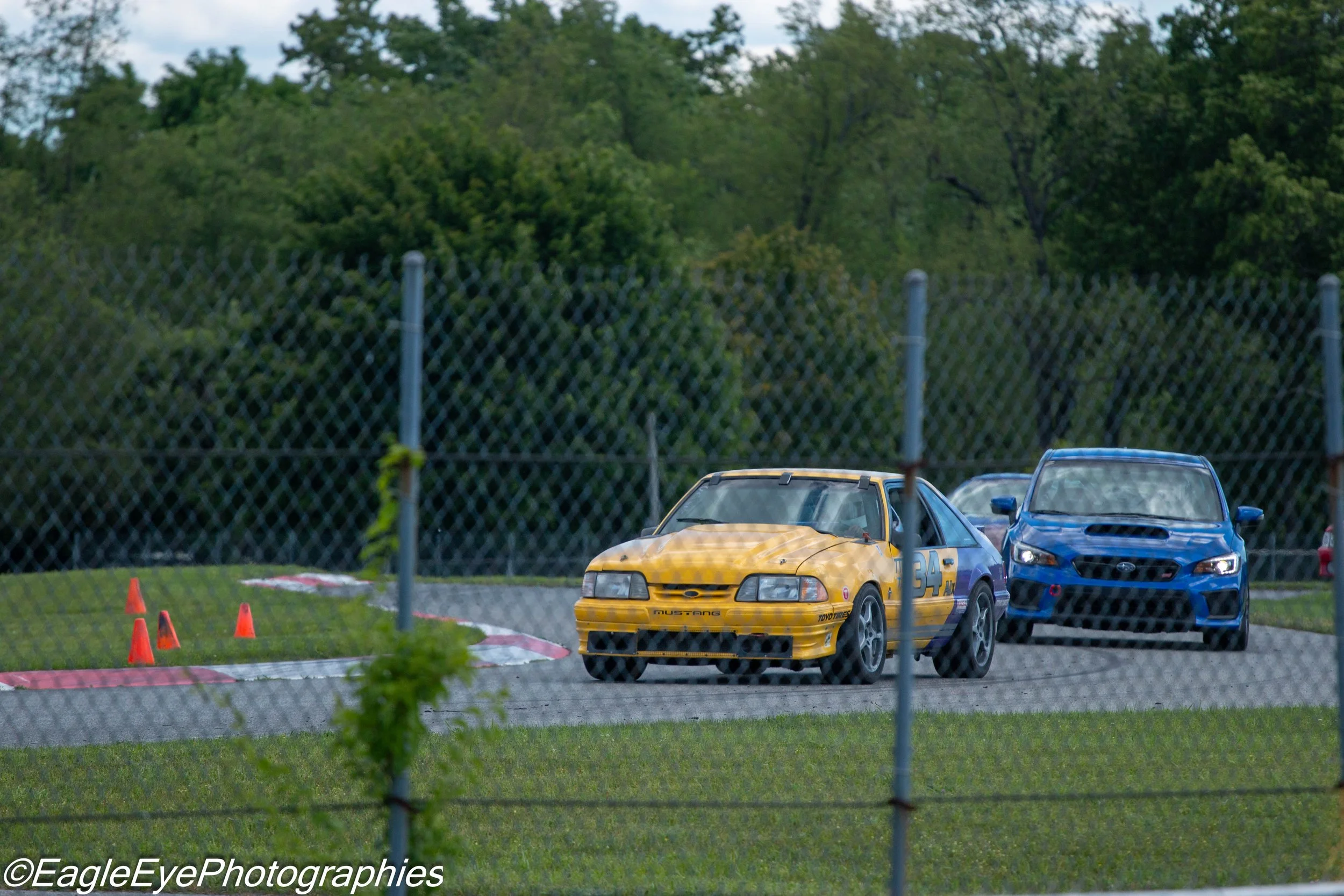 A yellow race car and a blue Subaru race car are parked behind a chain-link fence at a racetrack, with orange cones and a painted track surface nearby, surrounded by green trees.
