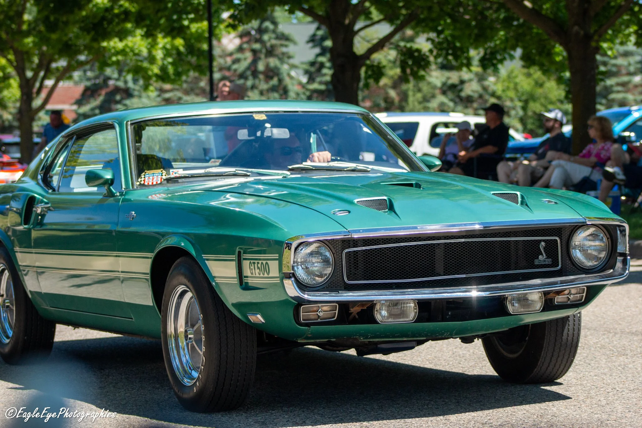 A teal vintage Ford Mustang GT500 car parked outdoors with a group of people sitting under trees in the background.