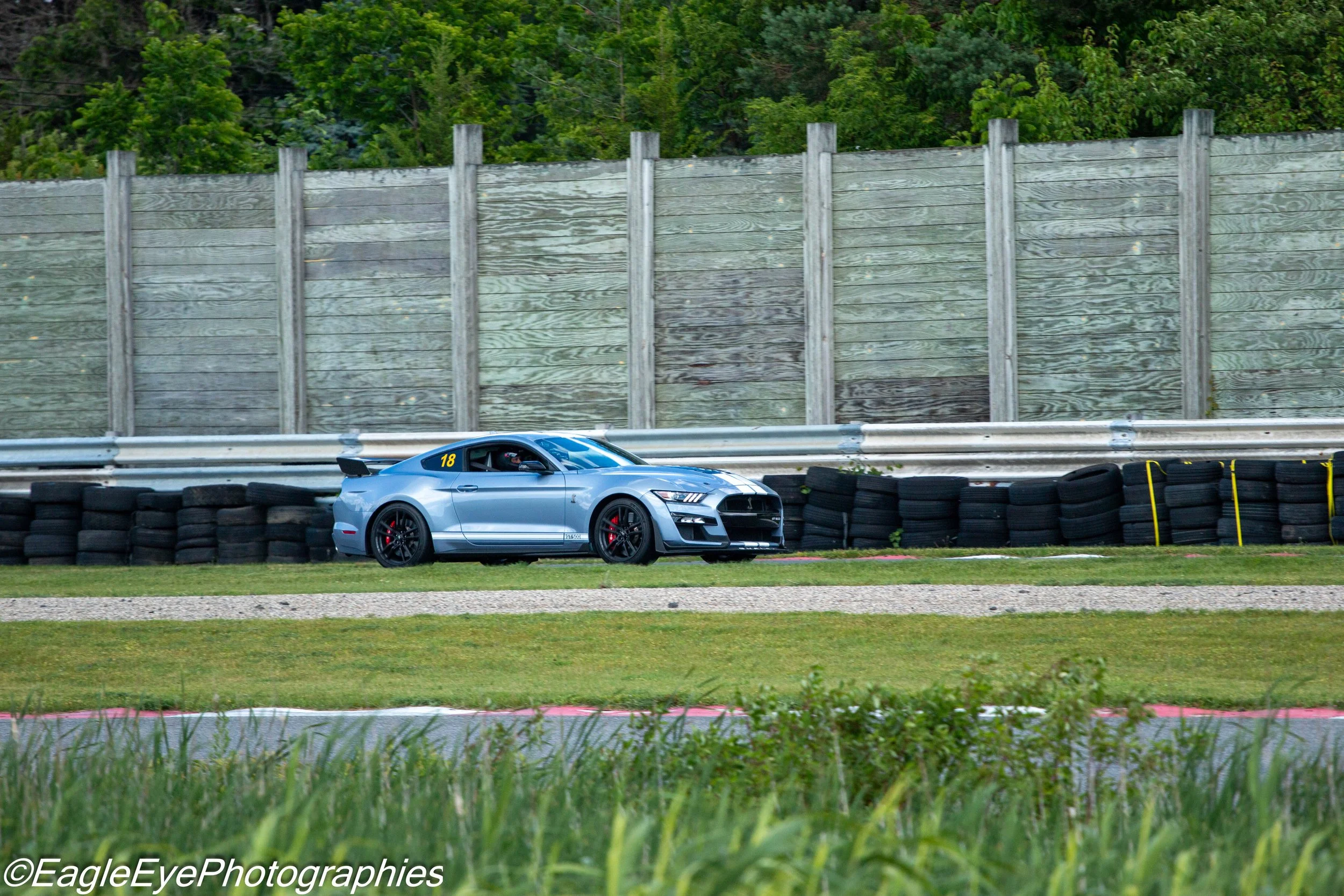 A blue sports car racing on a track with black tires stacked along the side, and a tall wooden sound barrier wall behind it, with green trees in the background.
