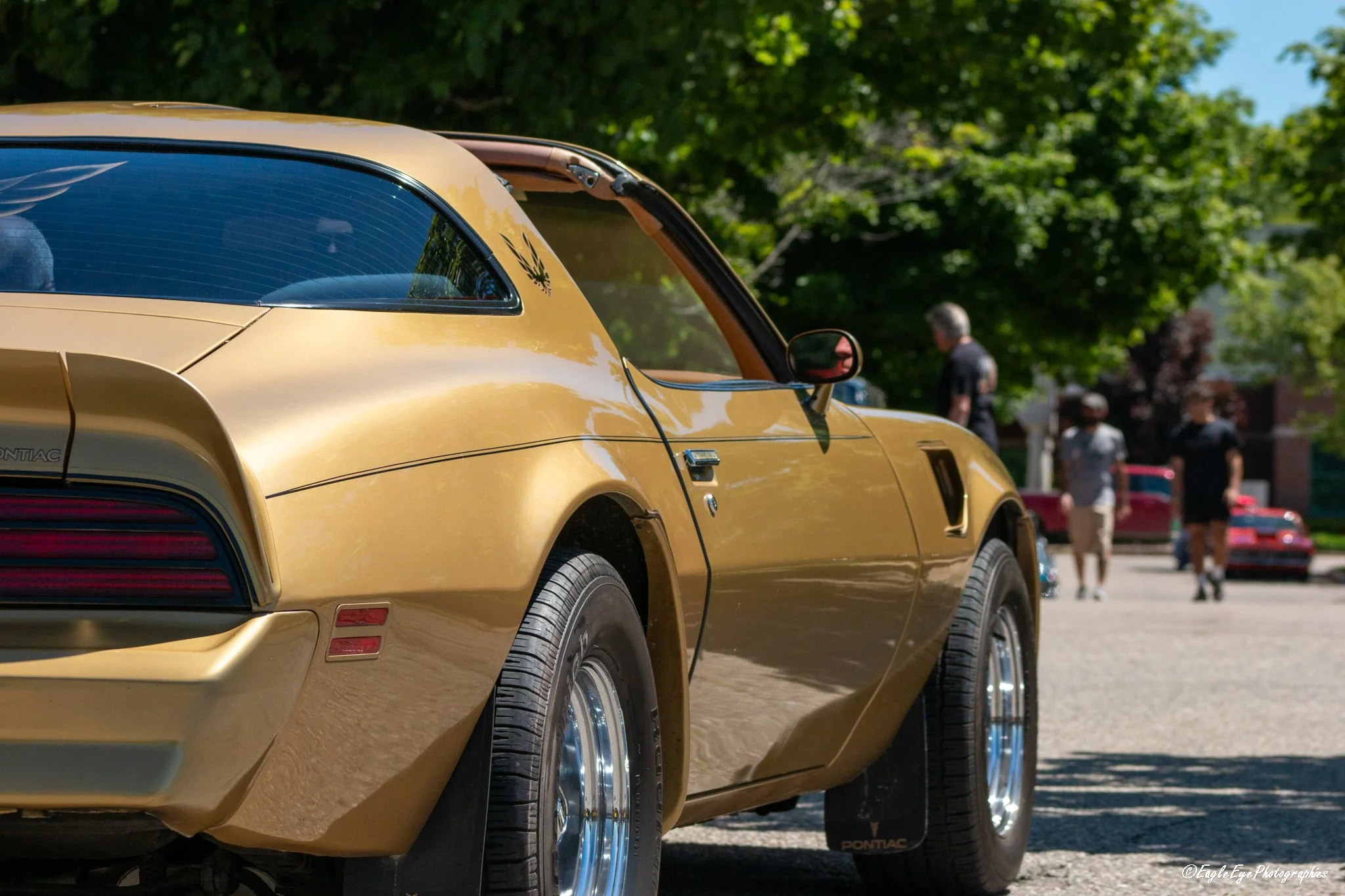 A yellow Pontiac sports car with black-tinted rear window and distinctive racing stripes, parked outdoors with greenery in the background, and people walking nearby.