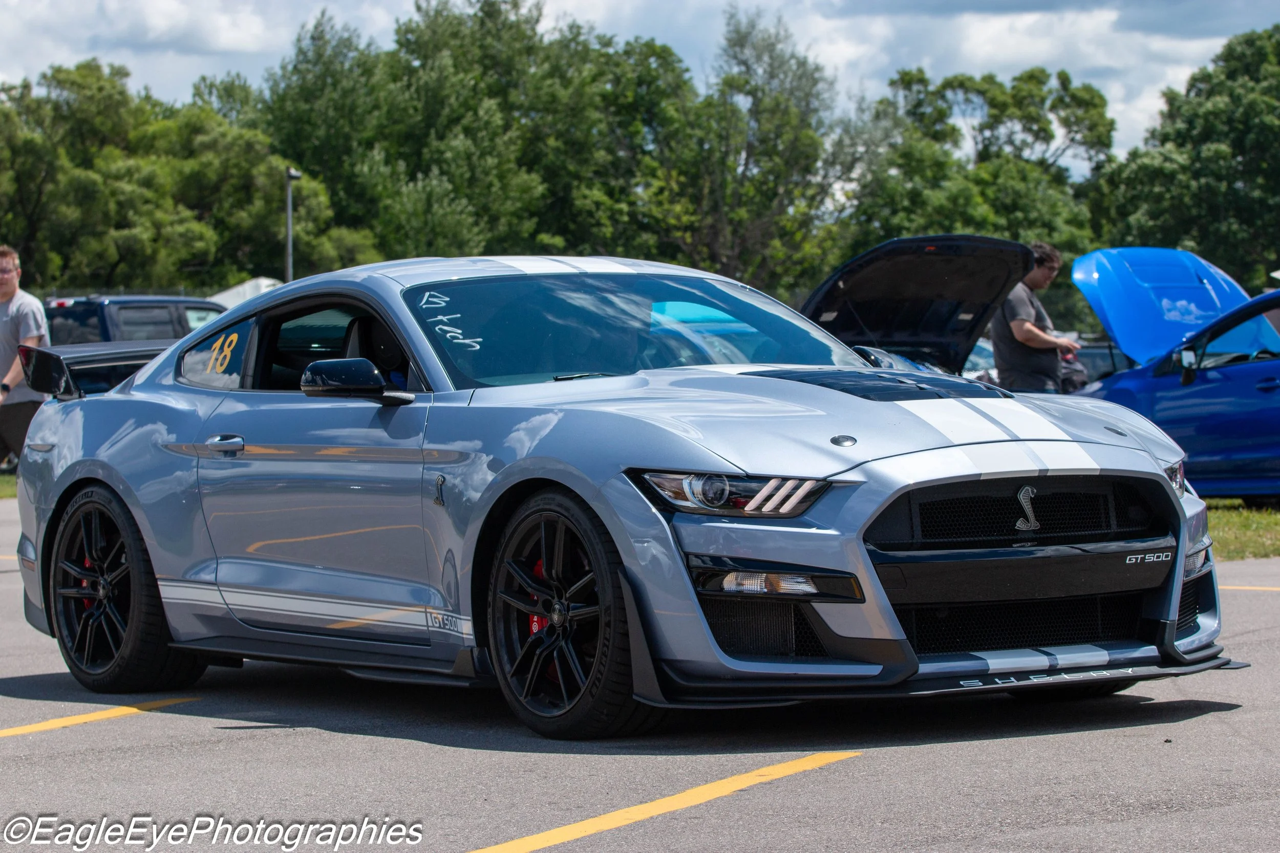 A silver Ford Mustang Shelby GT500 with black wheels and racing stripes parked outdoors at a car show, with trees and people in the background.