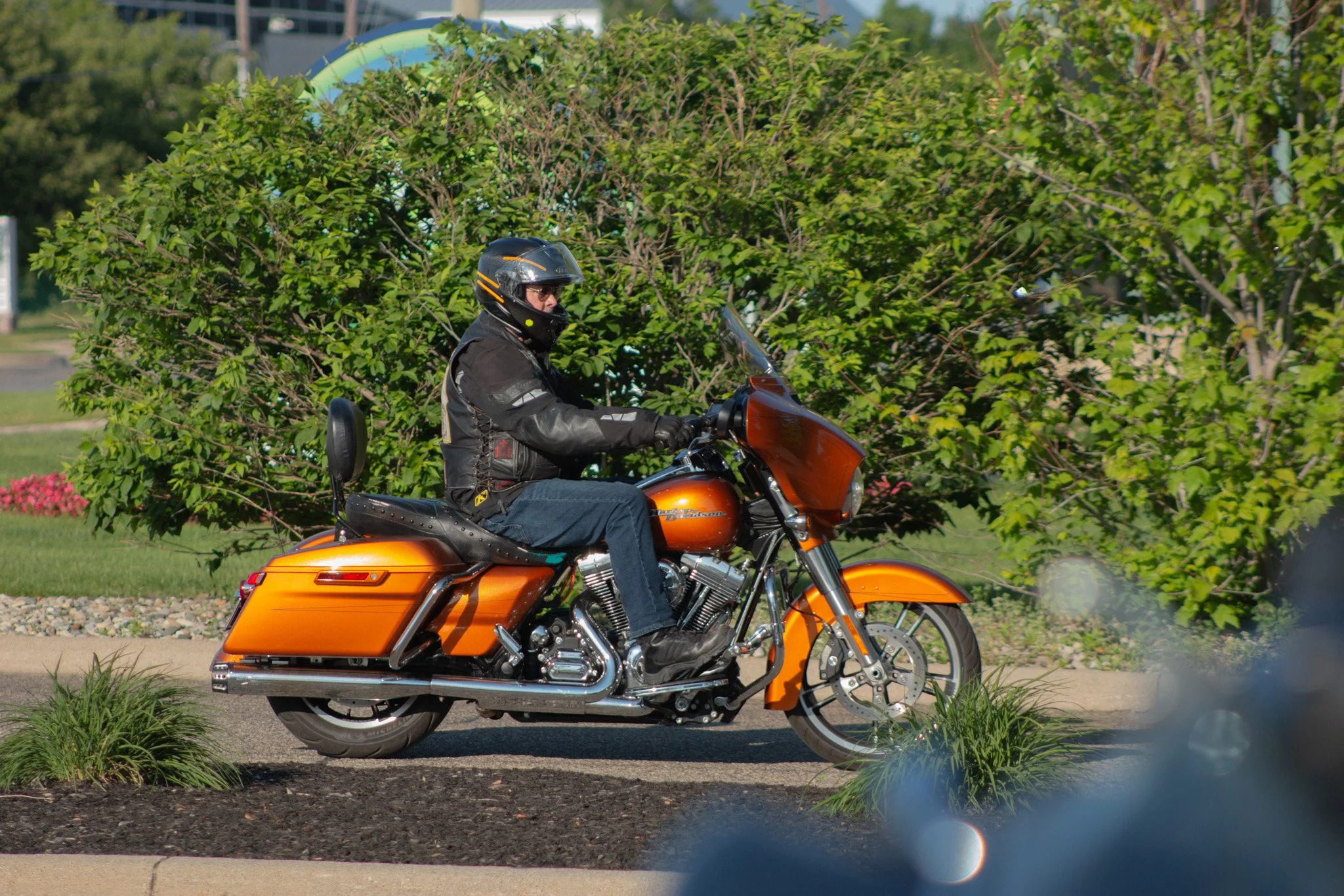 A person wearing a black helmet and jacket riding an orange motorcycle on the street, with green bushes and trees in the background.