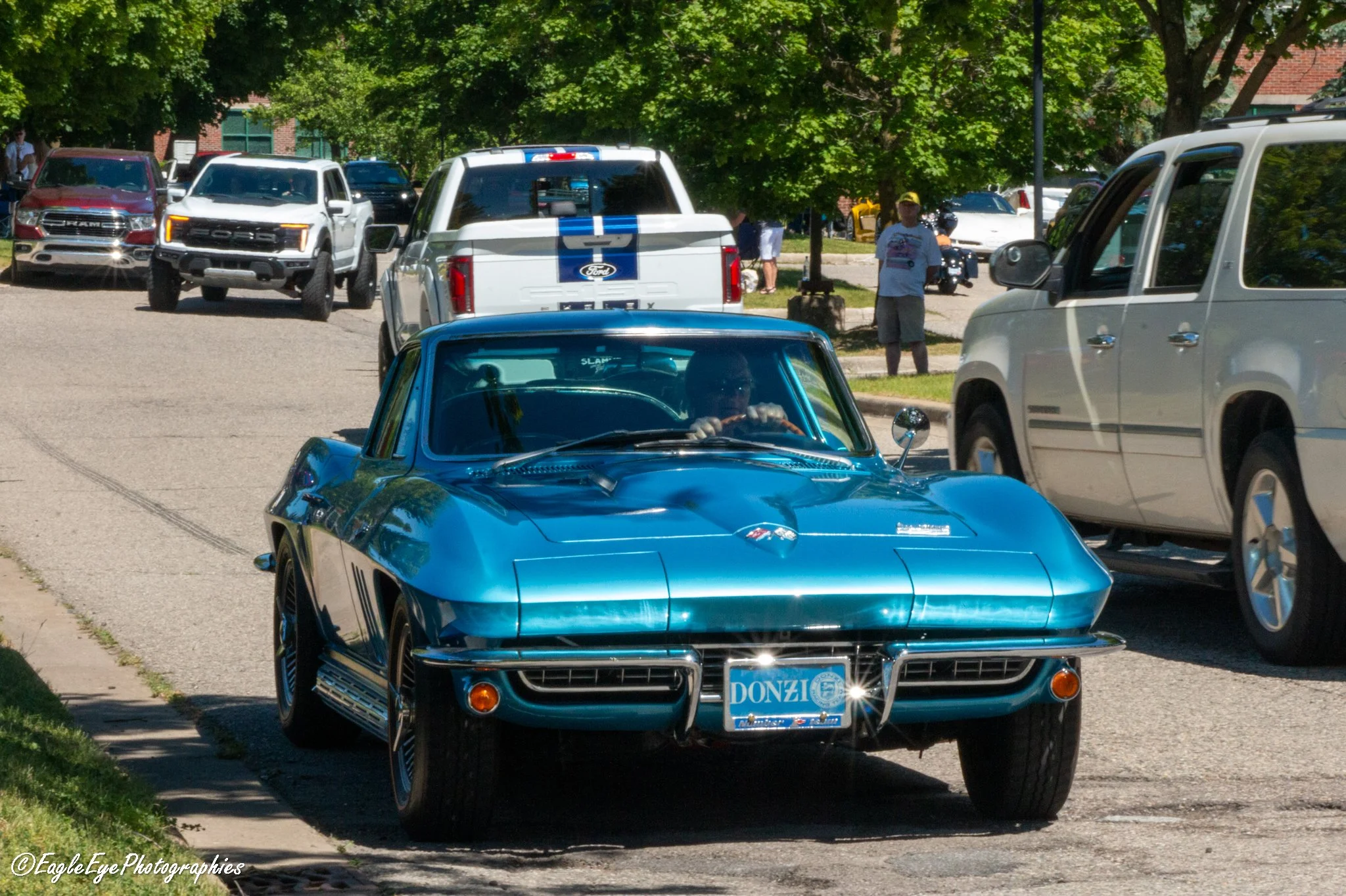 A row of various cars parked outdoors under green trees on a sunny day. Prominently features a classic blue Corvette in the foreground with a Donzi boat logo on its front license plate. Other vehicles include a white pickup truck, a white SUV, a red 
