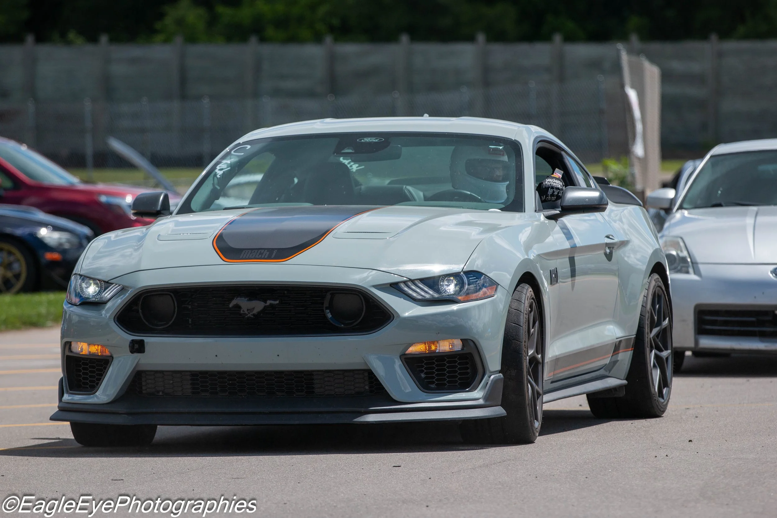 A white Ford Mustang with black and orange racing stripes parked in a parking lot, with other cars around and a wooden fence in the background.