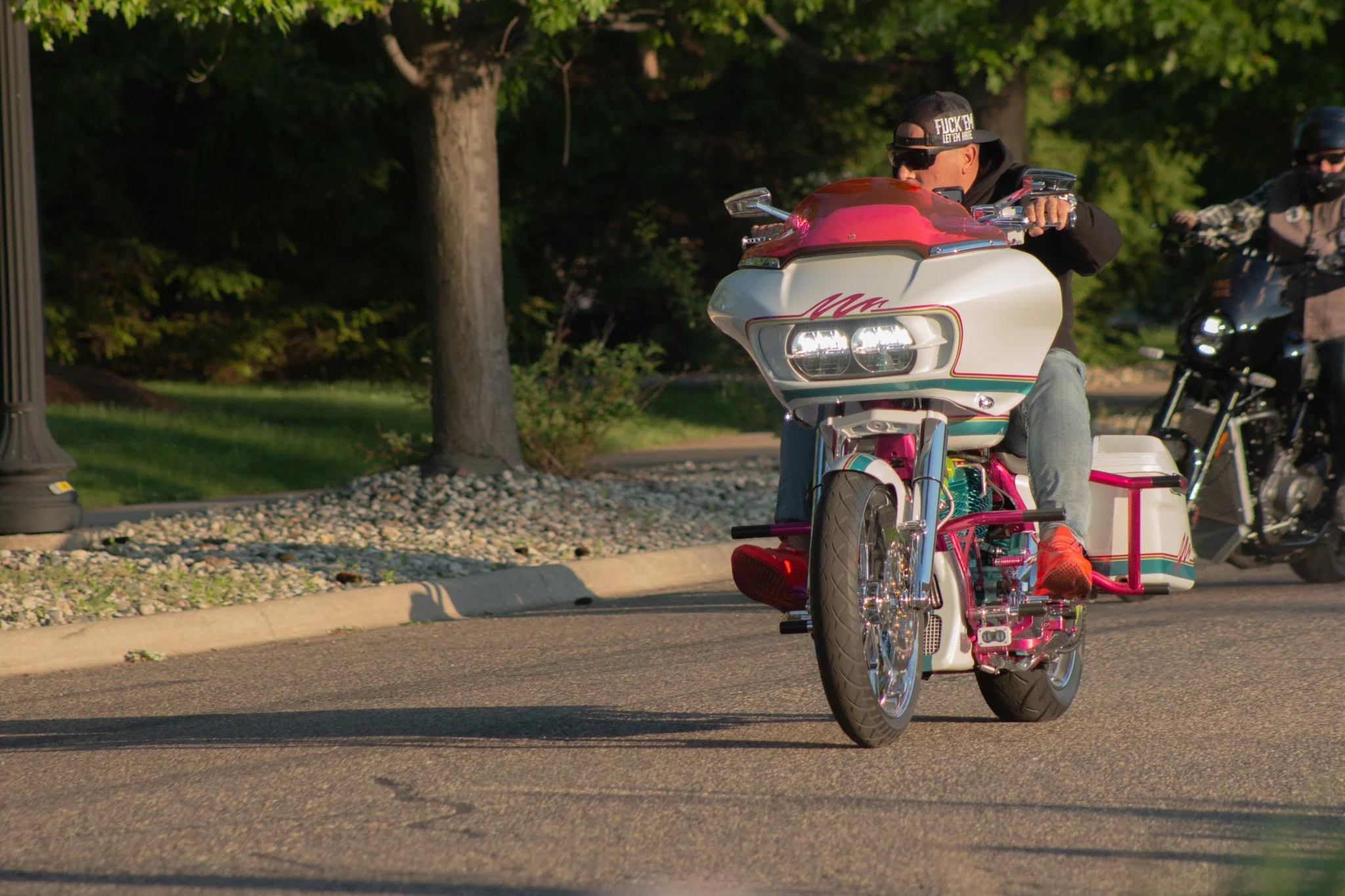 Person riding a pink and white tricycle motorcycle with a sidecar on a paved road in a park with trees in the background.