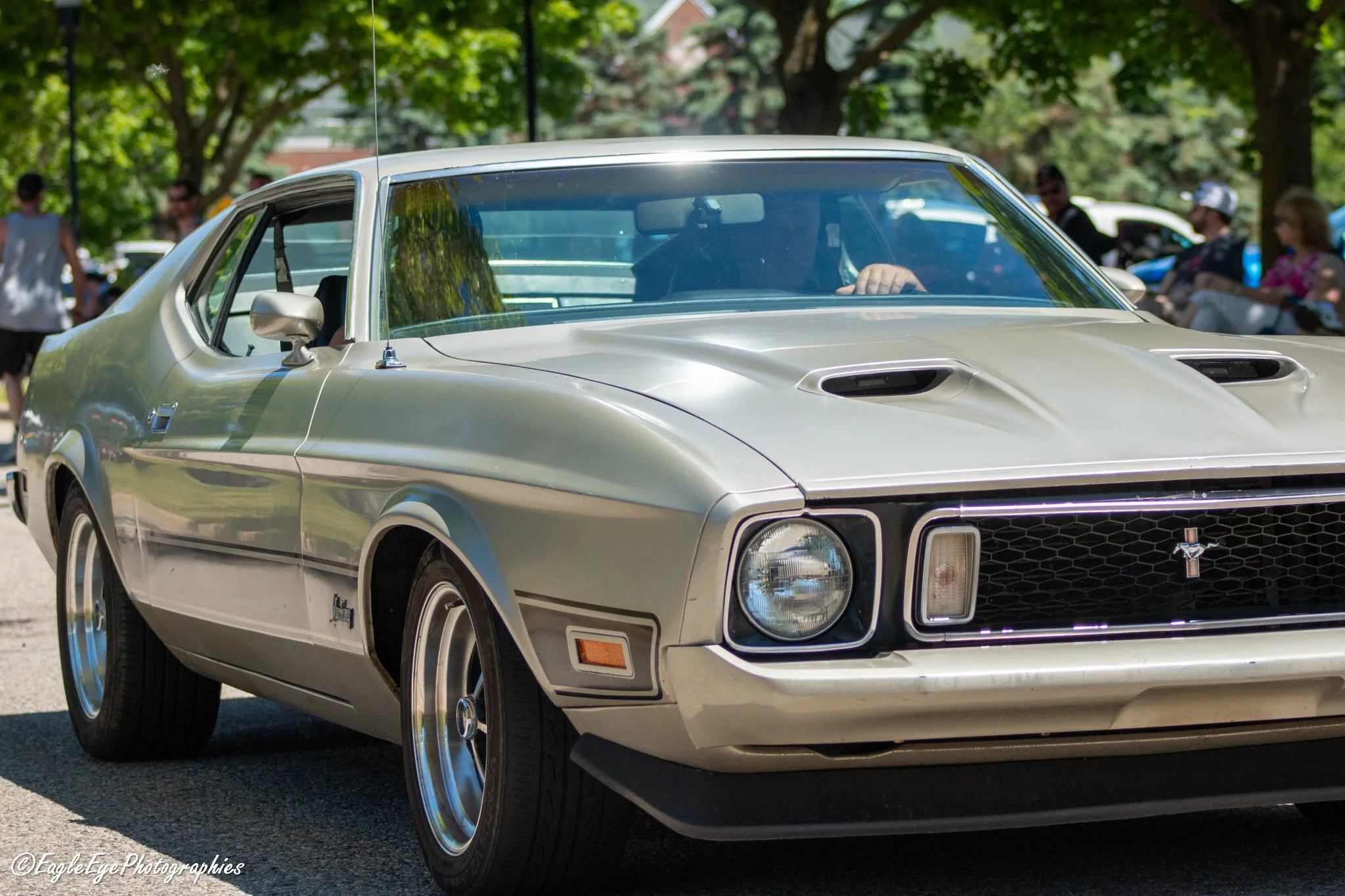 A classic silver Ford Mustang with black racing stripes, parked outdoors at a car show on a sunny day with trees and people in the background.