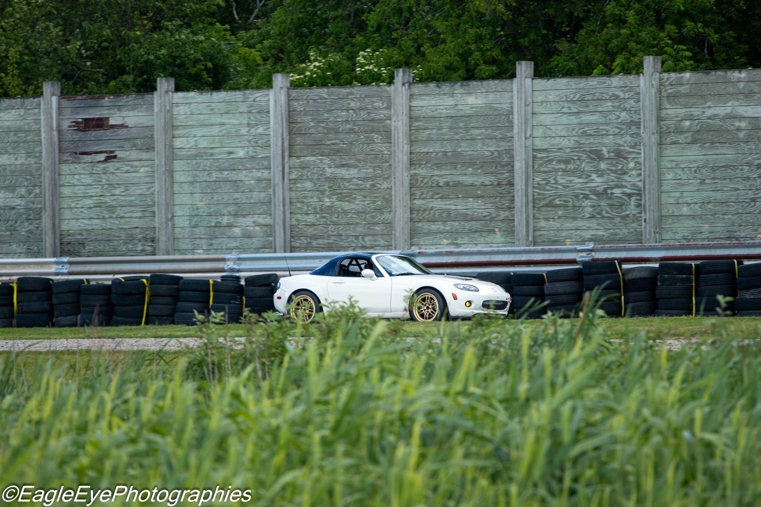 A white sports car on a race track with black tires and yellow accents, positioned behind tire barriers, in front of a tall wooden fence and green trees.