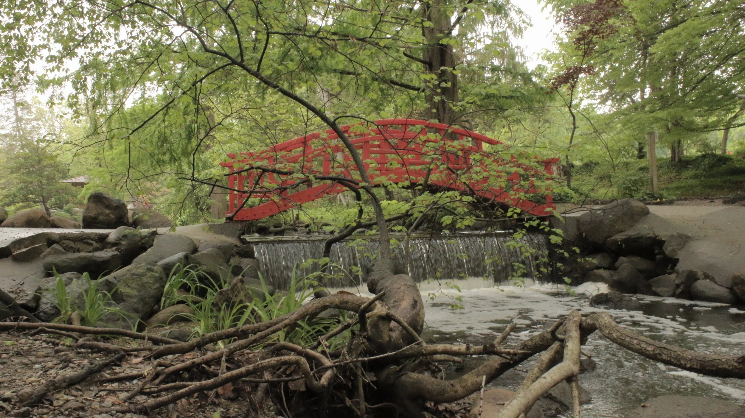 A small red arched footbridge crossing over a gentle waterfall in a lush green forested area, with rocks and tree branches in the vicinity.