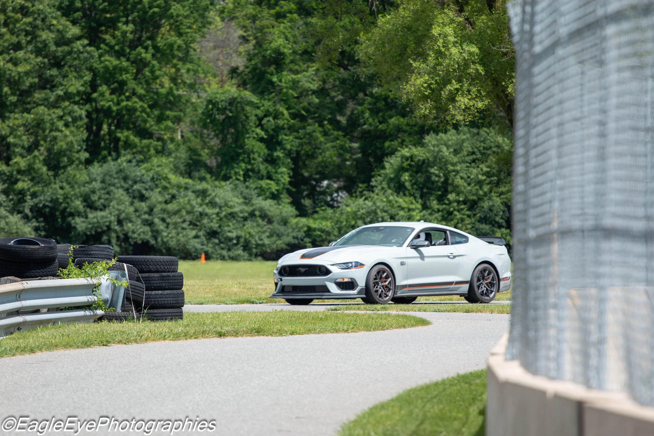 A silver sports car, possibly a Ford Mustang, parked on a grassy area near tire stacks and a metal barrier at a racetrack, with green trees in the background.