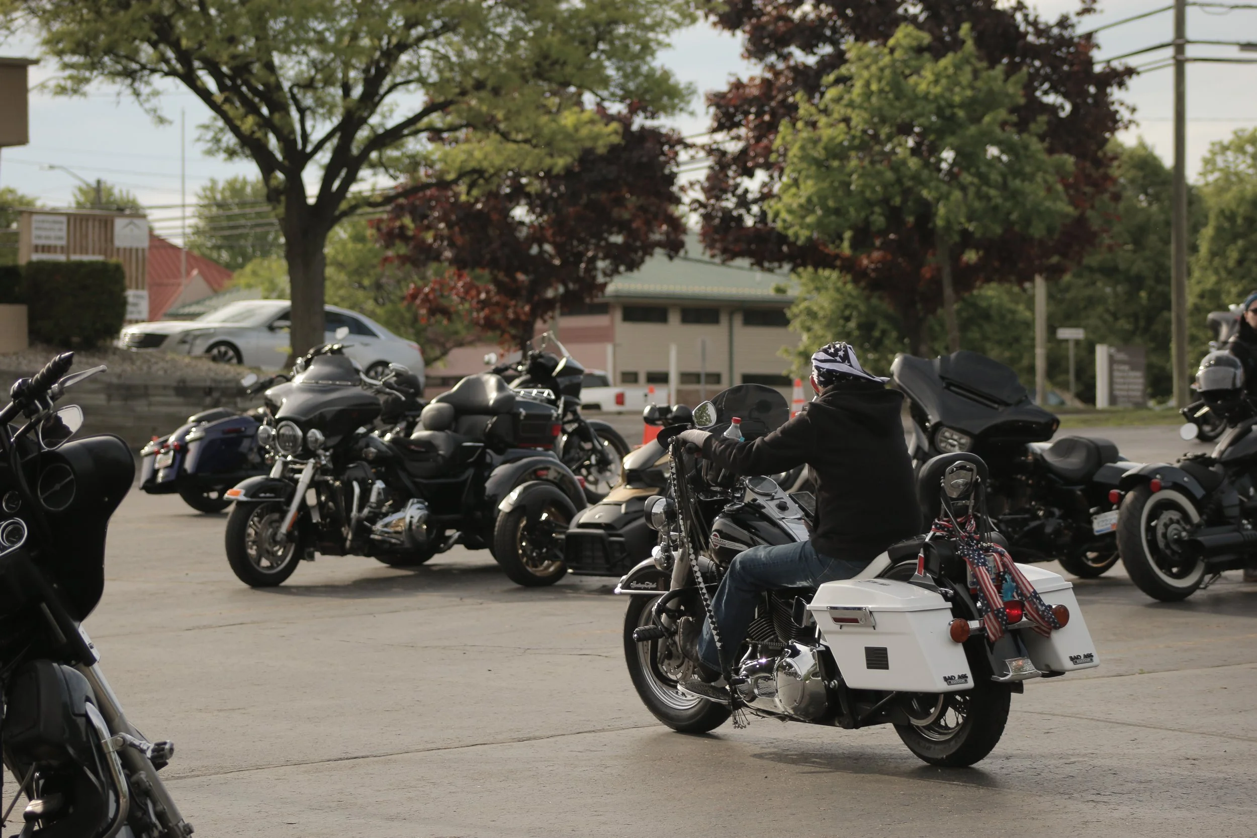 A group of people riding and parked motorcycles on a city street, with trees and cars in the background.