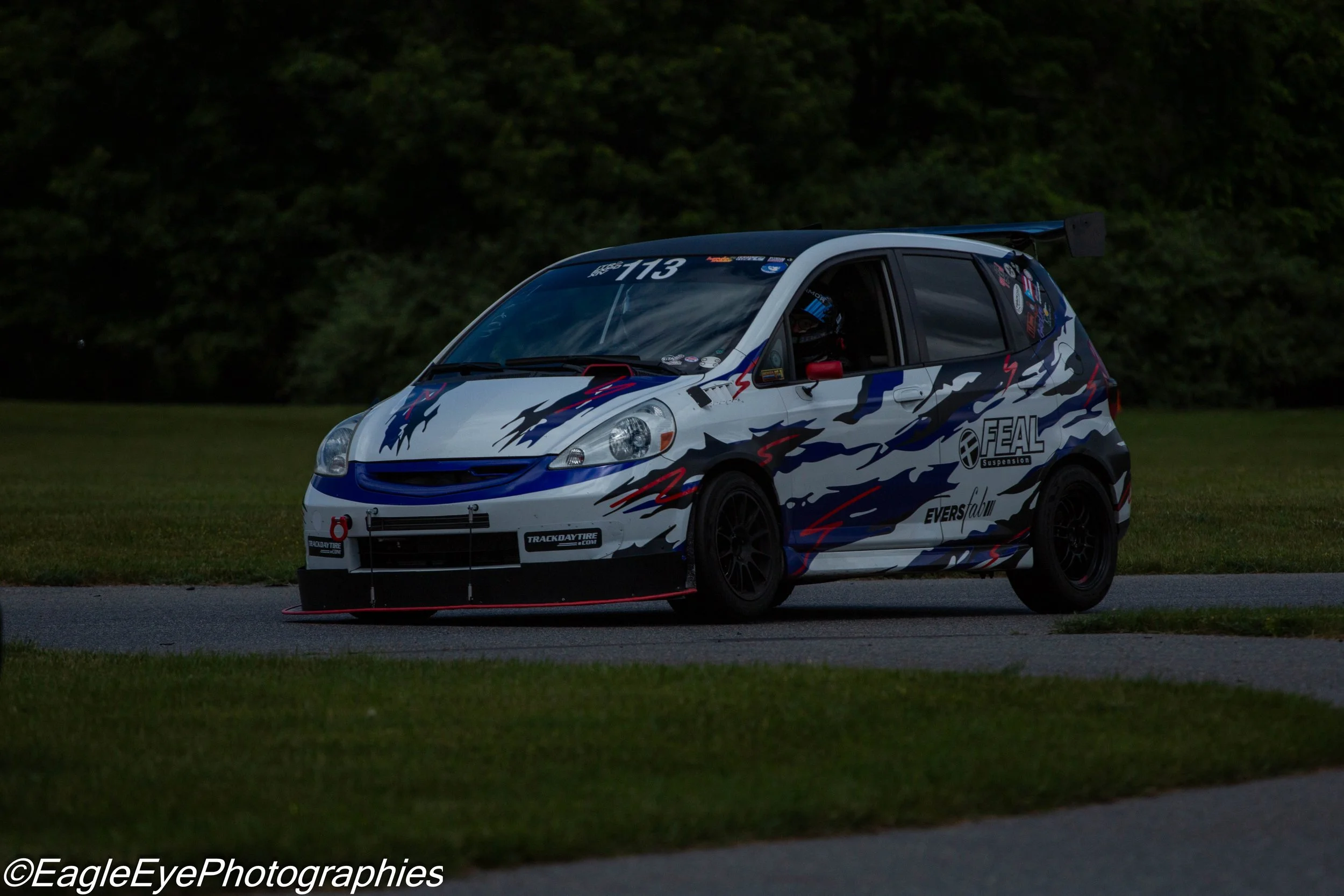 A race car with a colorful, abstract paint job featuring blue, red, and black flames or streaks, driving on a grassy area during daytime with a dark green forest in the background.
