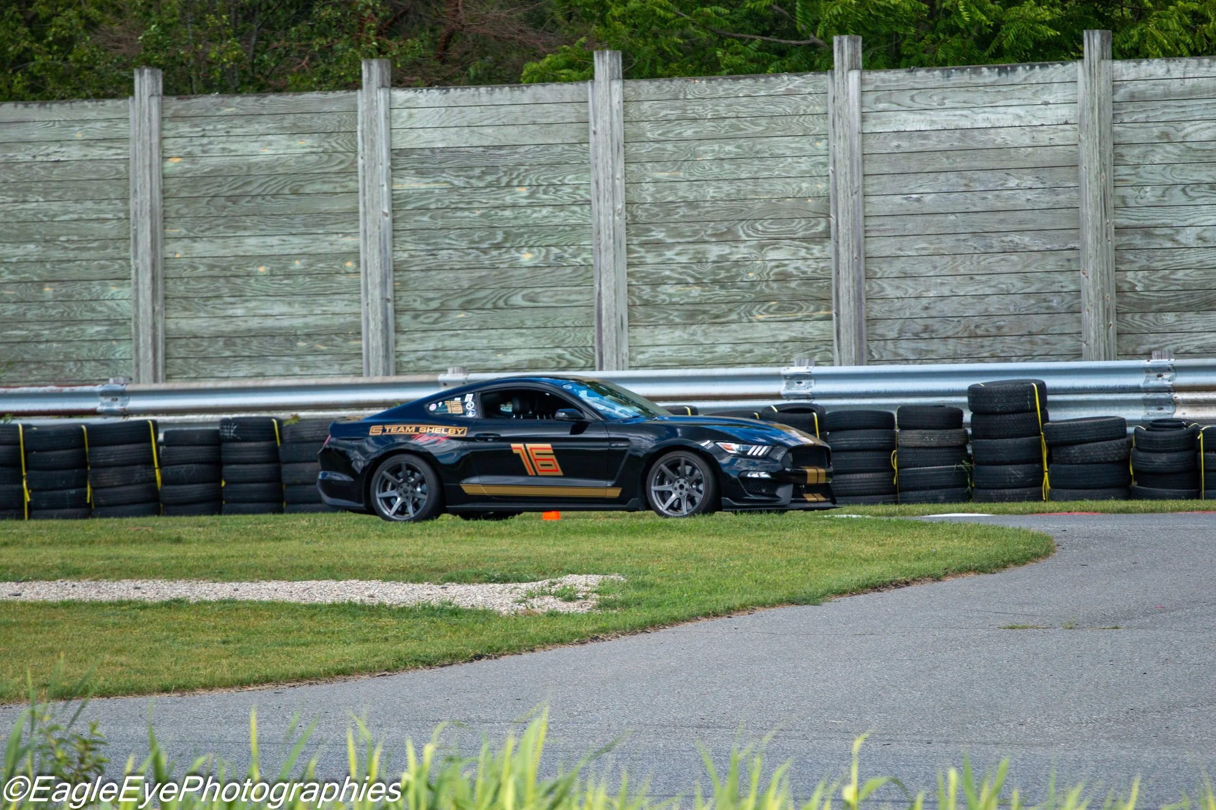 A black race car with American flag and the number 16 on its side, parked on a racing circuit next to tire barriers and a metal guardrail, with a tall wooden fence and green trees in the background.