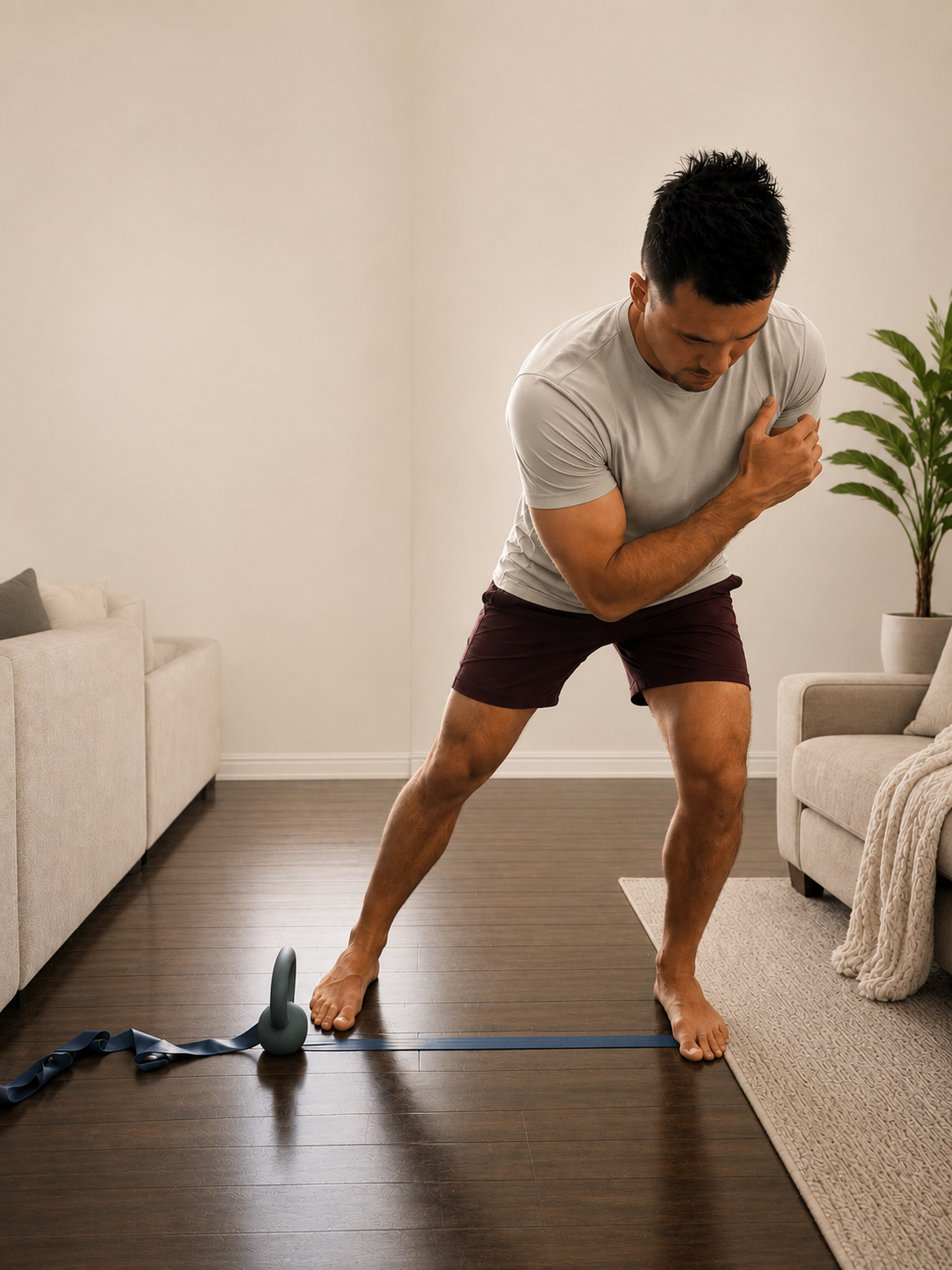 Man performing lateral lunge with resistance band anchor for intrinsic foot strengthening