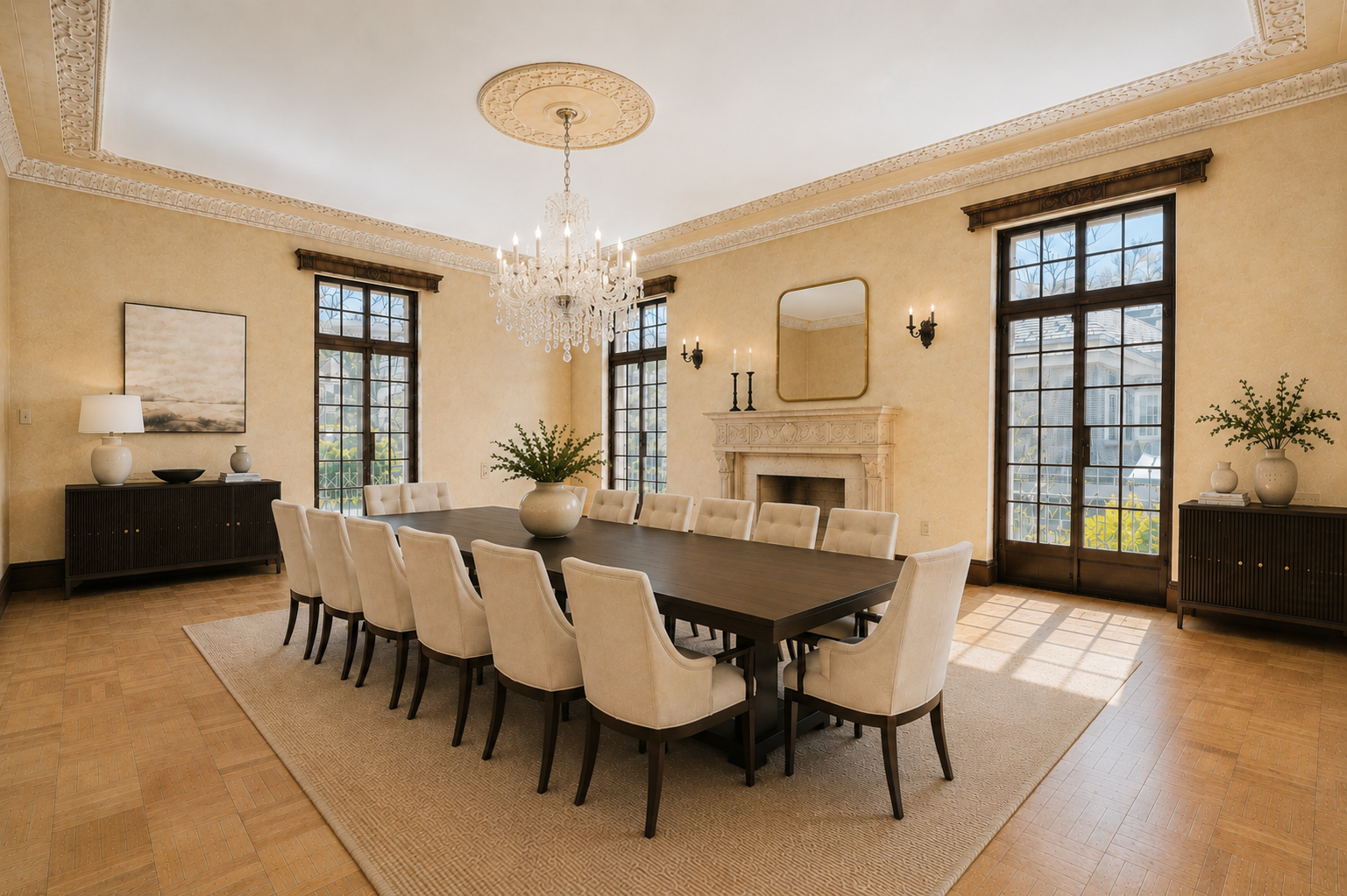 Elegant dining room with  a fireplace with a mirror. There are vintage-style wall sconces and large windows with wooden frames.