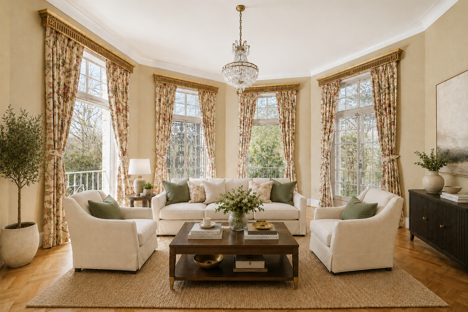 A cozy living room with four large windows and a chandelier hanging from the ceiling.