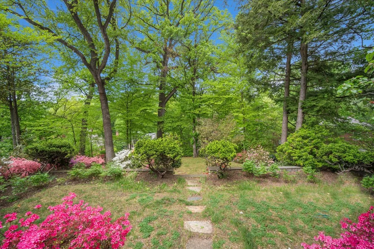 A lush green backyard garden with a stone pathway, surrounded by colorful azalea bushes and tall trees under a clear blue sky.