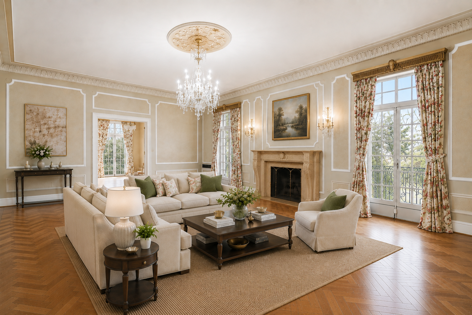 Elegant living room featuring a fireplace, chandelier, large windows, and hardwood floors.