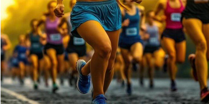 Close-up of a group of runners at the start of a race, focusing on a woman wearing blue shorts and shoes, with other runners in the background.