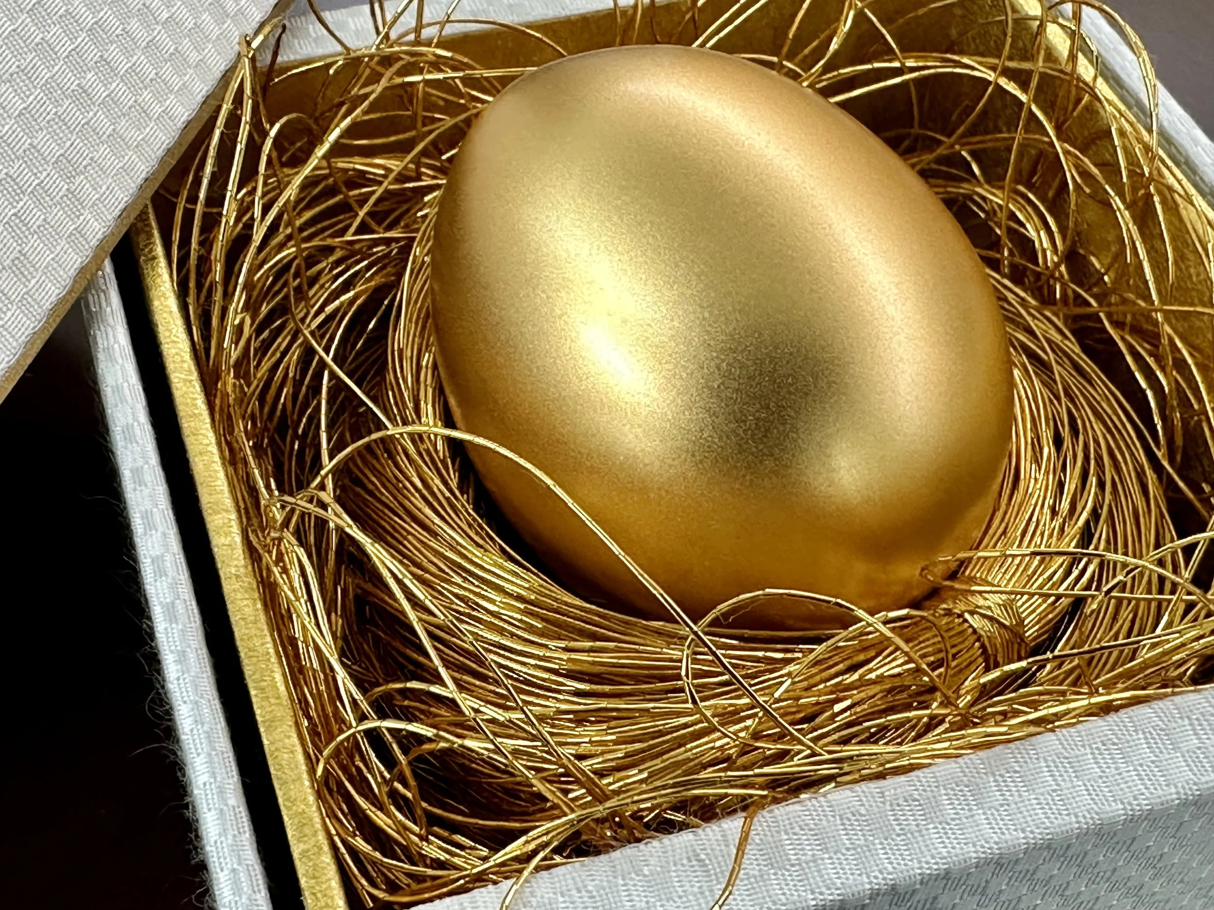 A golden egg resting inside a nest made of golden wire twigs, with a gold and white fabric lining.