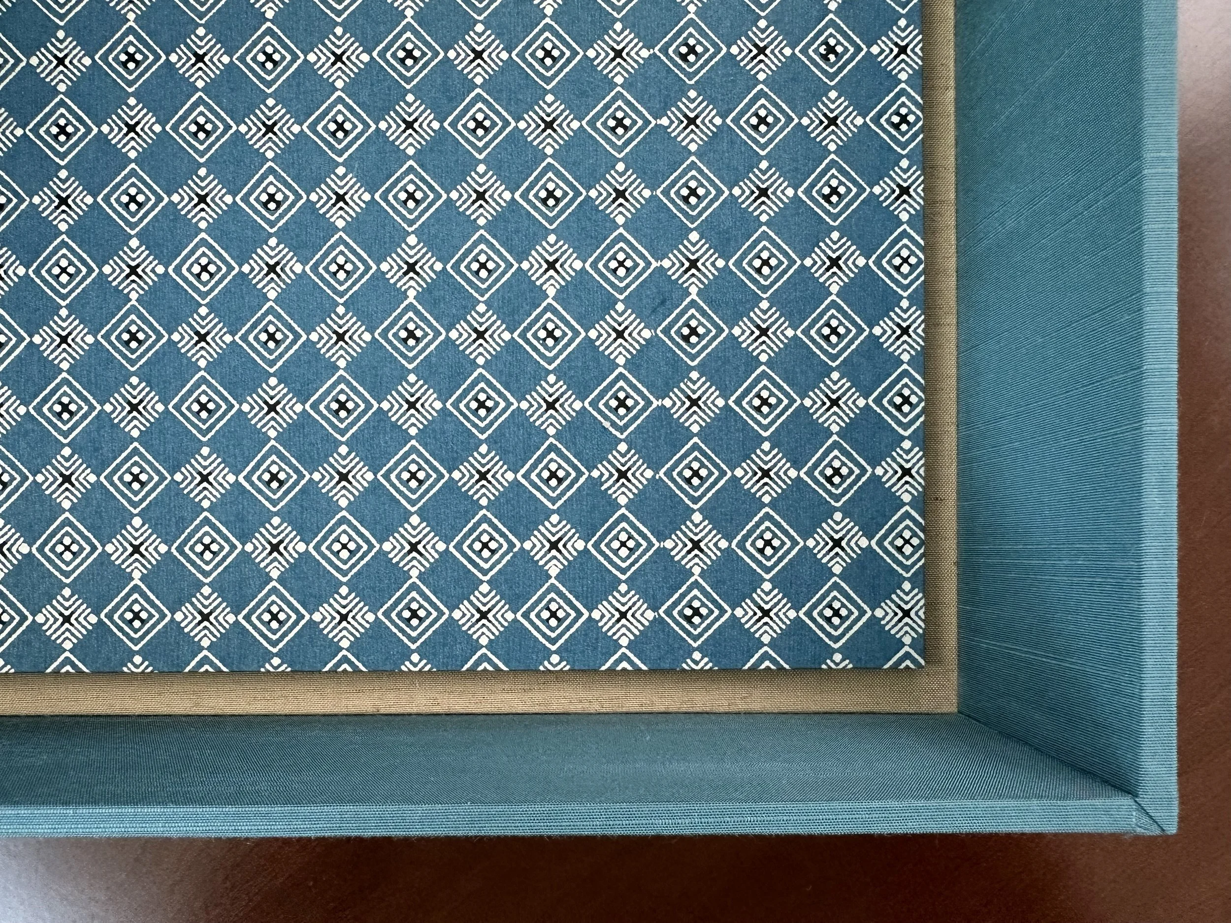 Close-up of a fabric with a geometric white pattern on a teal background, layered on a teal mat.