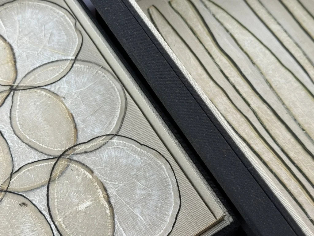 Close-up of cross-sectioned tree logs and slices on a canvas or paper surface.