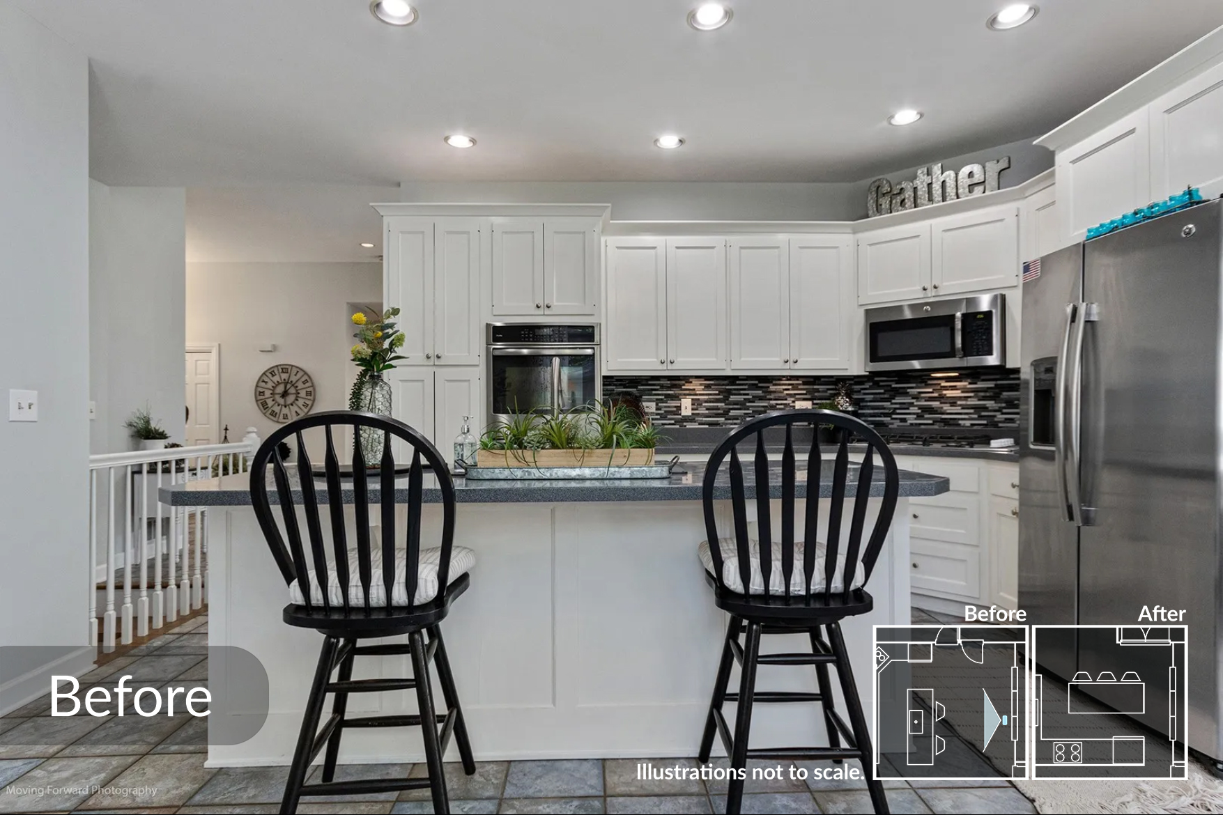 Modern kitchen with white cabinetry, tile backsplash, and stainless steel appliances. Two black chairs sit at the kitchen island with decorative plants. The word 'Gather' is displayed on top of the cabinets. "Before" text is visible, suggesting a renovation context.