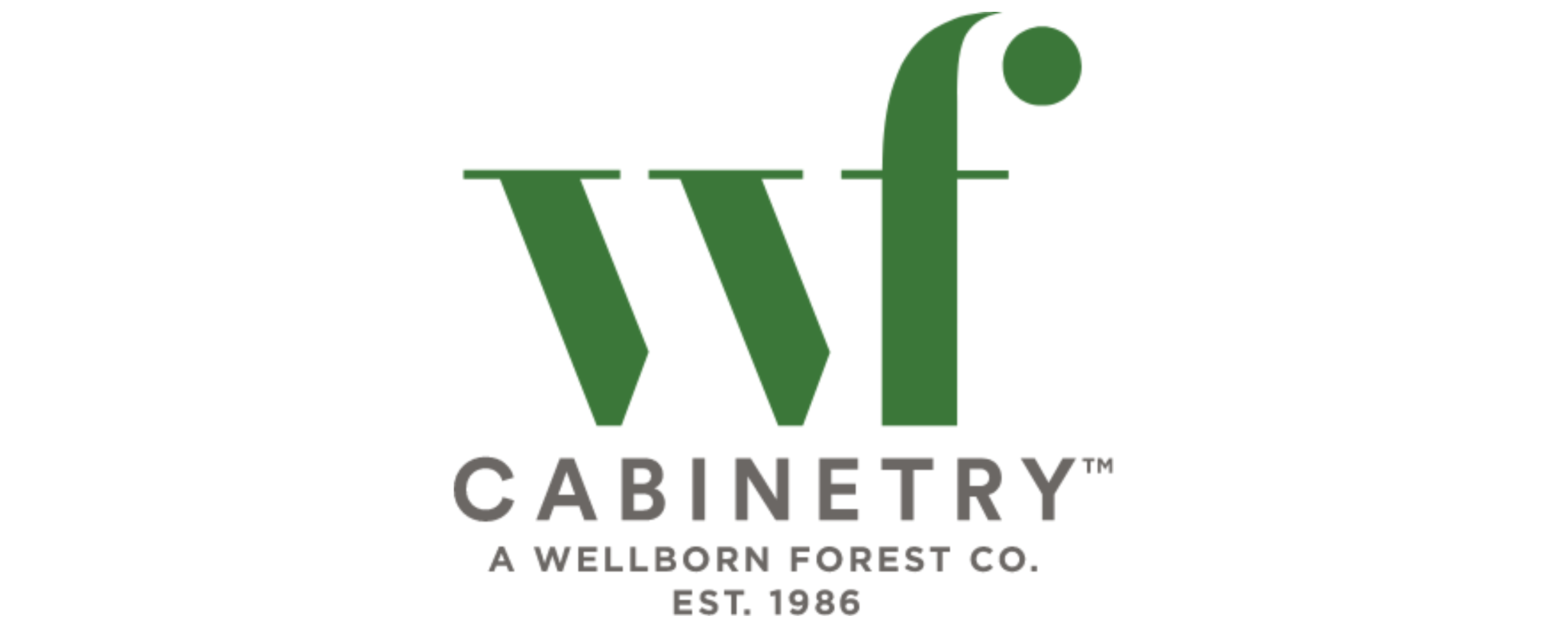 Logo of WF Cabinetry, a Wellborn Forest company established in 1986, featuring green lettering and a simple design.