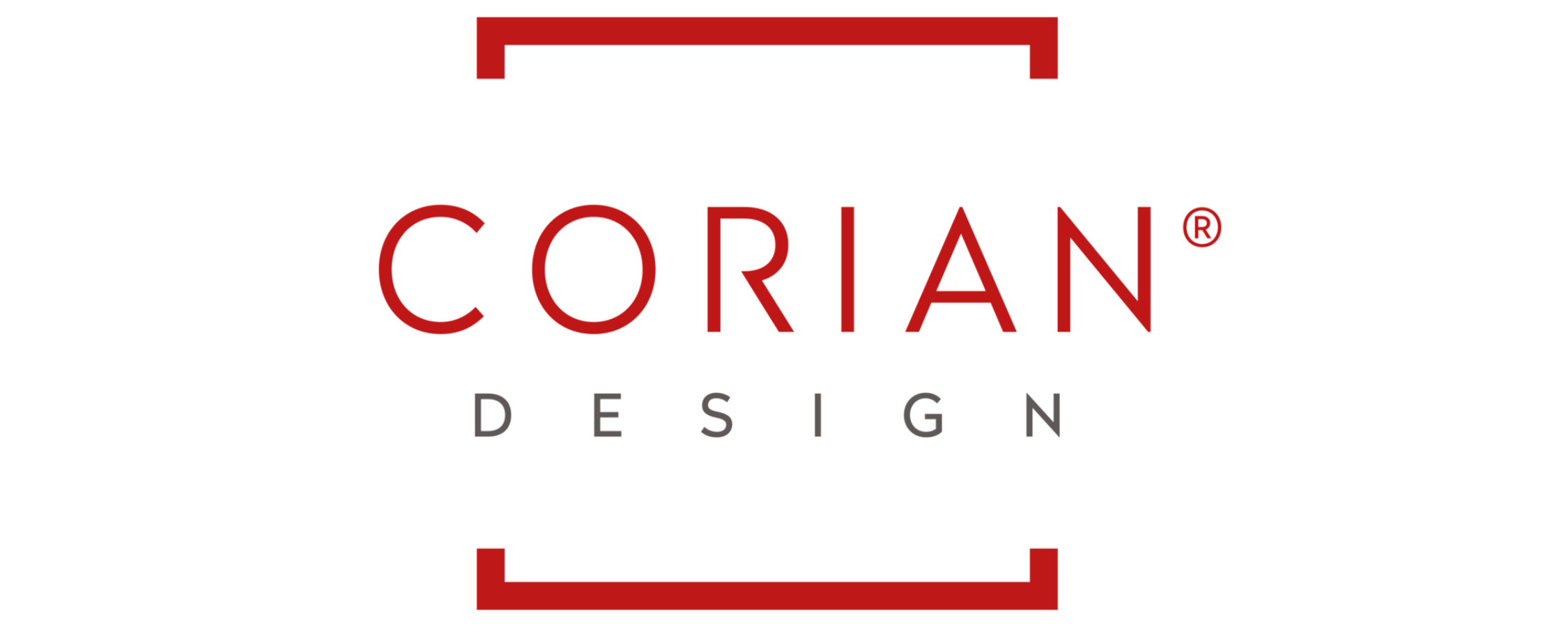 Corian Design logo with red uppercase letters and a red rectangular frame and registered trademark symbol.