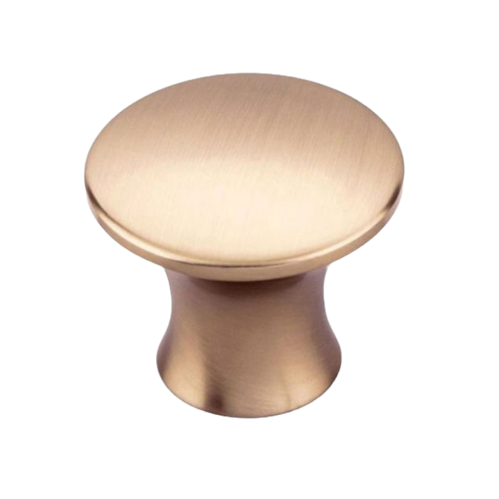 Brushed brass cabinet knob with a round top and tapered base.
