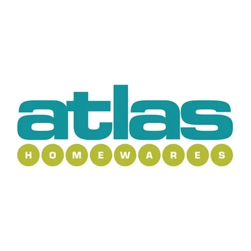 Atlas Homewares logo with teal text and lime green dots.