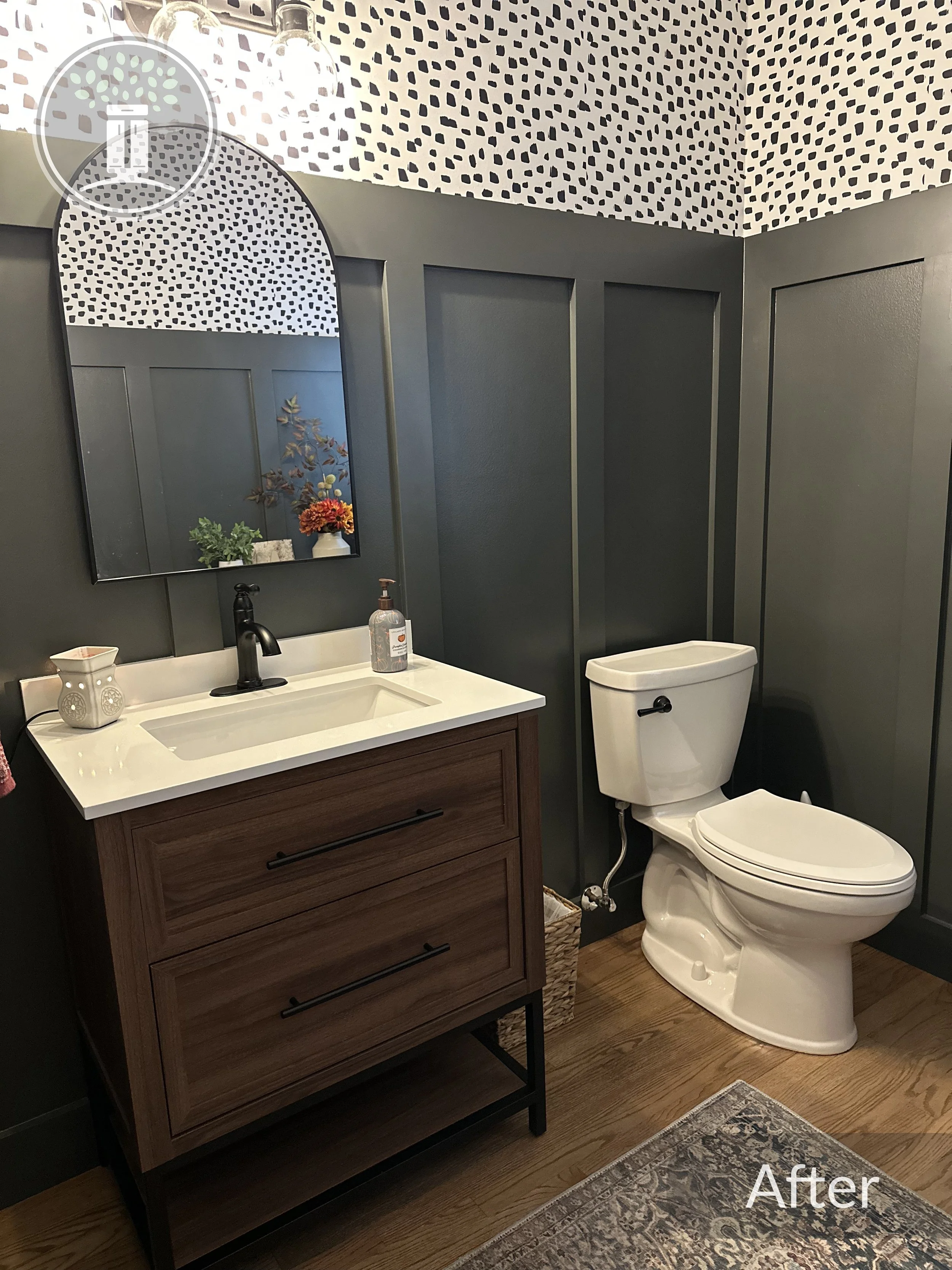 Powder Room with Wainscoting and Wallpaper