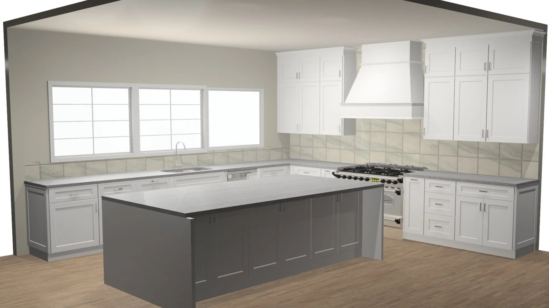Modern kitchen design with white cabinets, an island with gray countertop, stainless steel stove, range hood, and light wood flooring.